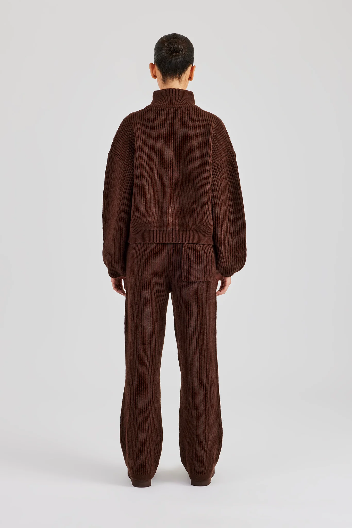 Ribbed Knitted Funnel Neck Sweater & Straight Leg Jogger - Chocolate - Image 4