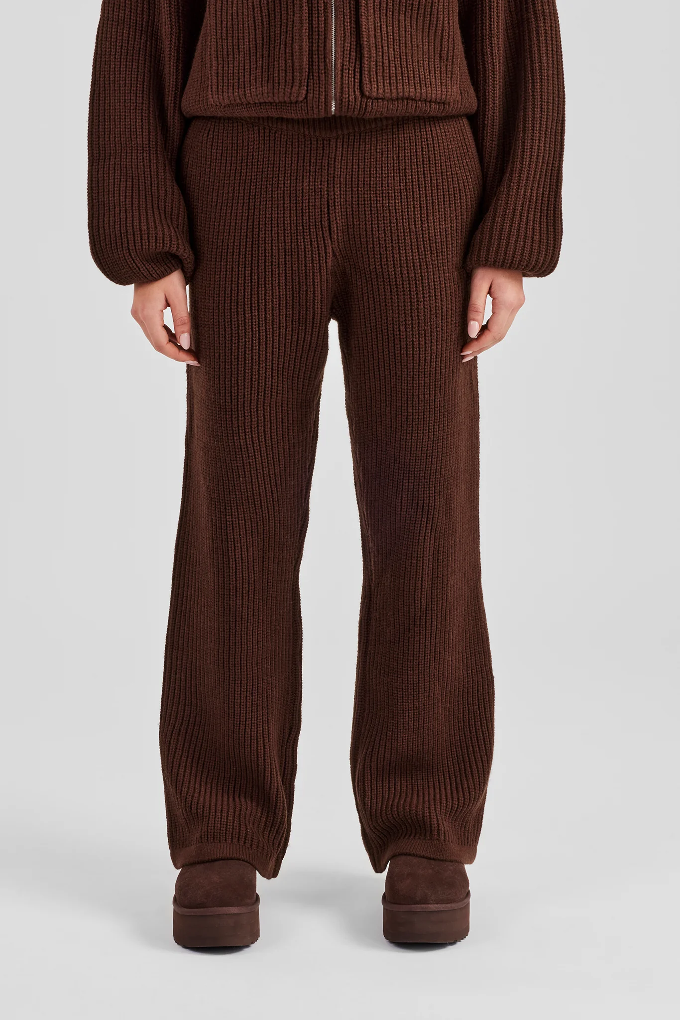 Ribbed Knitted Straight Leg Jogger - Chocolate - Image 2