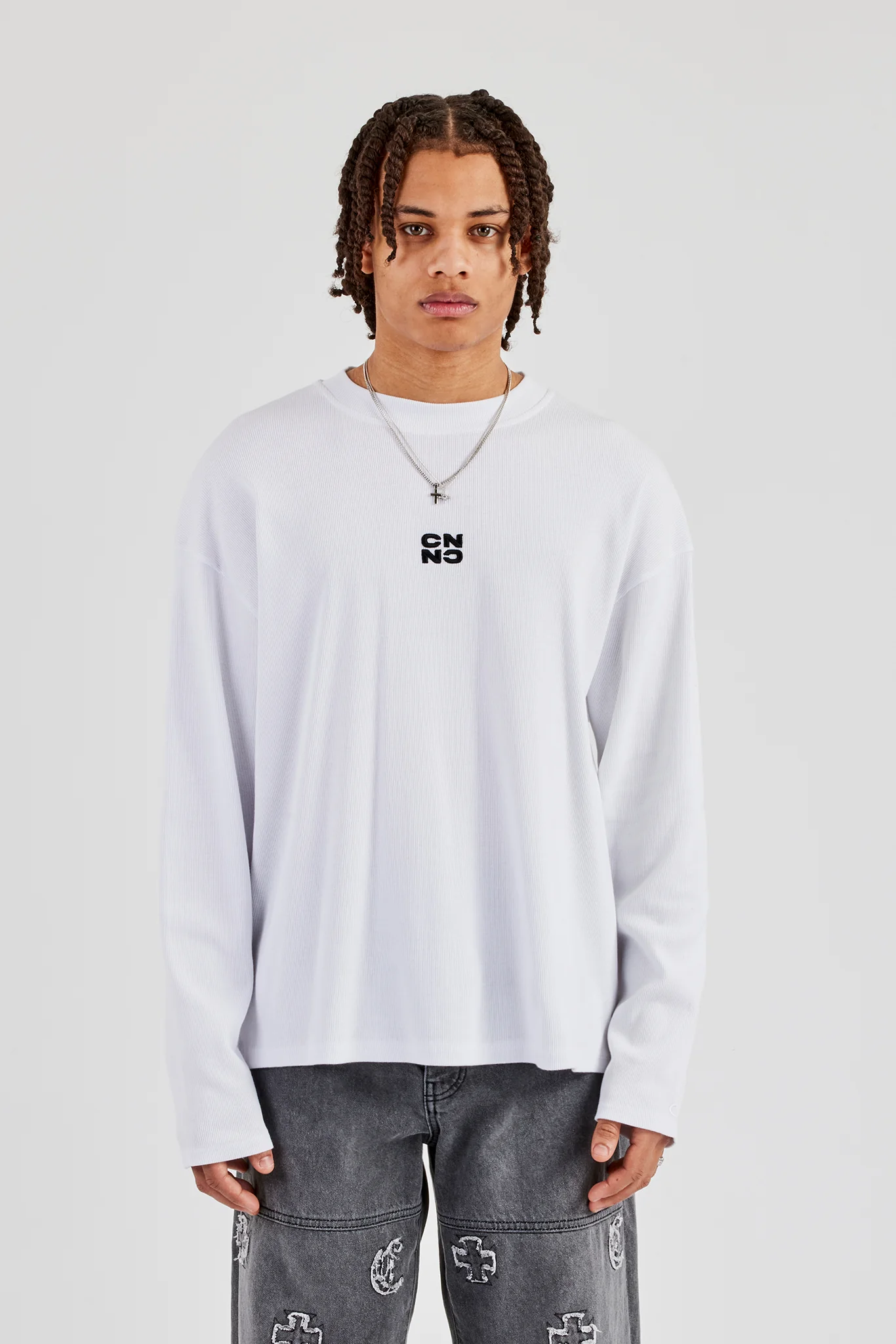 Ribbed Long Sleeve Embroidered T-Shirt - White