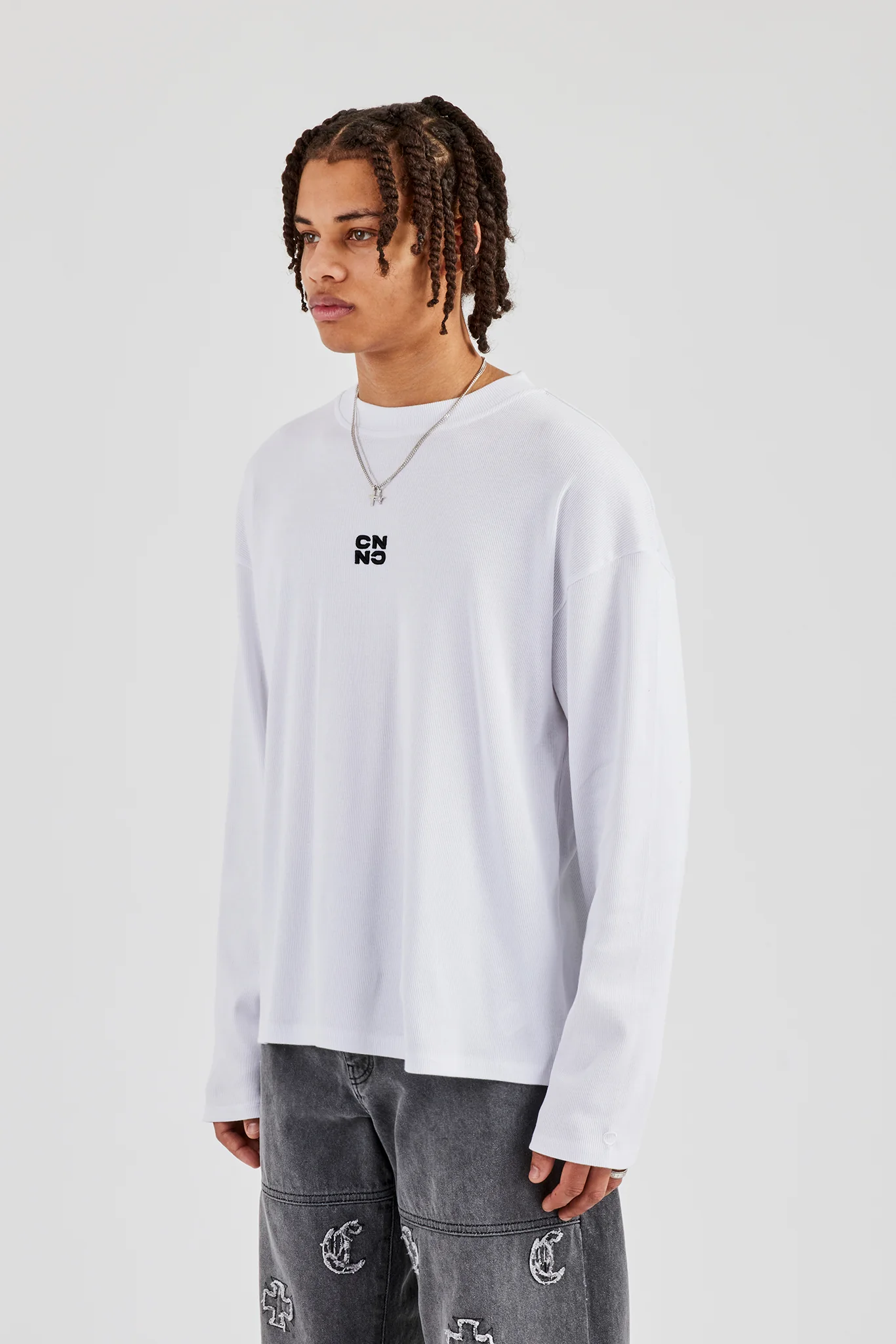 Ribbed Long Sleeve Embroidered T-Shirt - White - Image 2