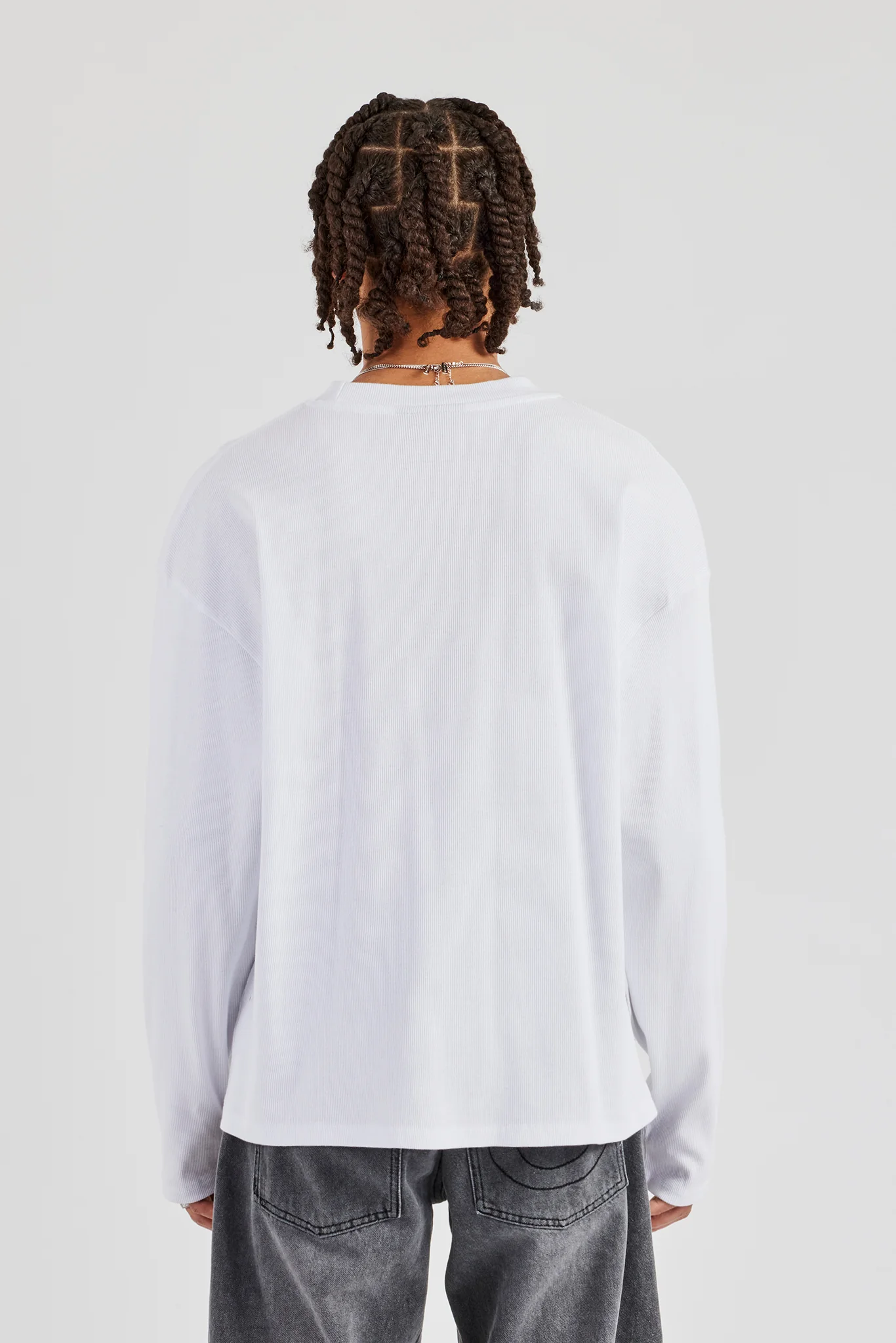 Ribbed Long Sleeve Embroidered T-Shirt - White - Image 3
