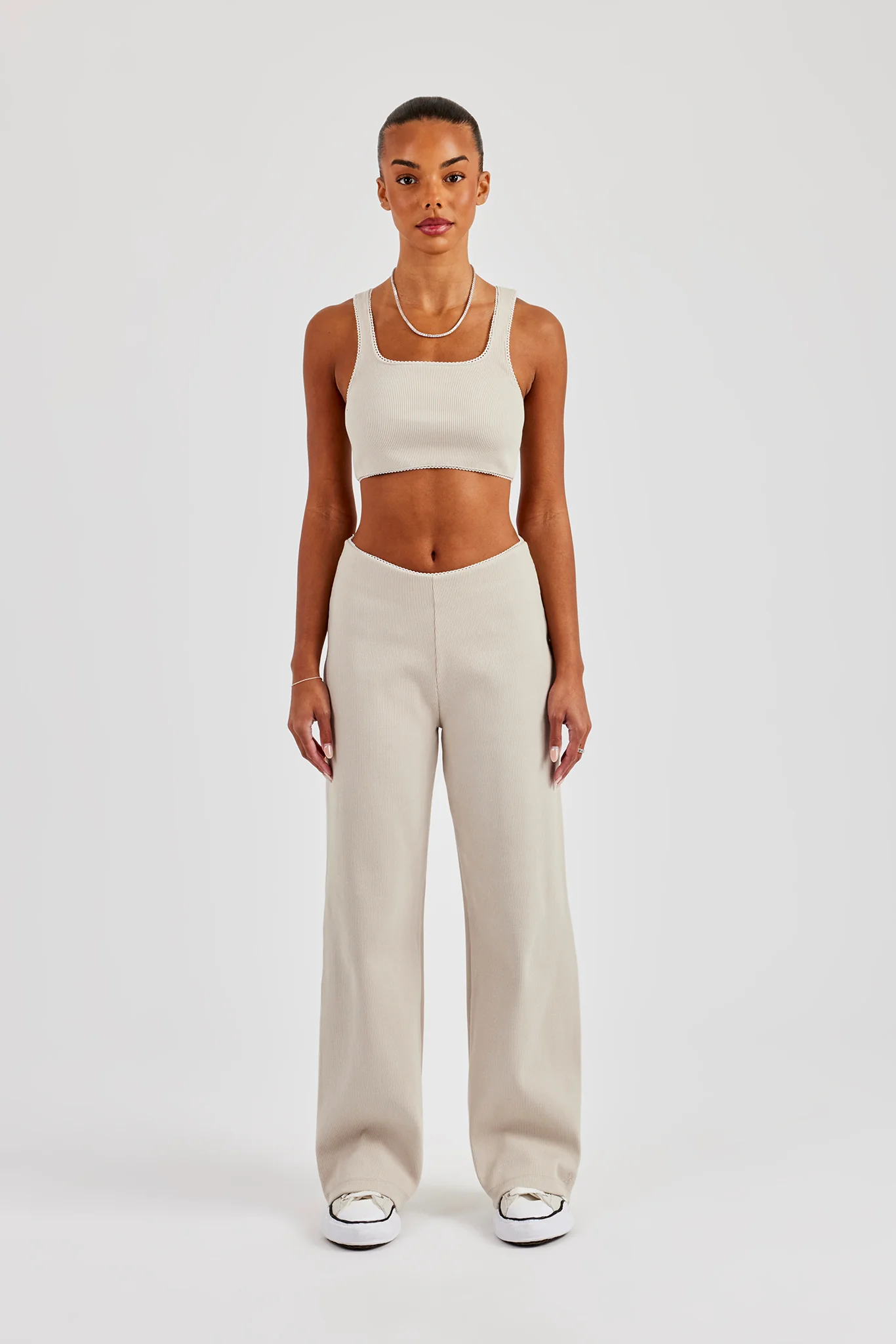 Ribbed Pant with Trim Detail - Stone - Image 4