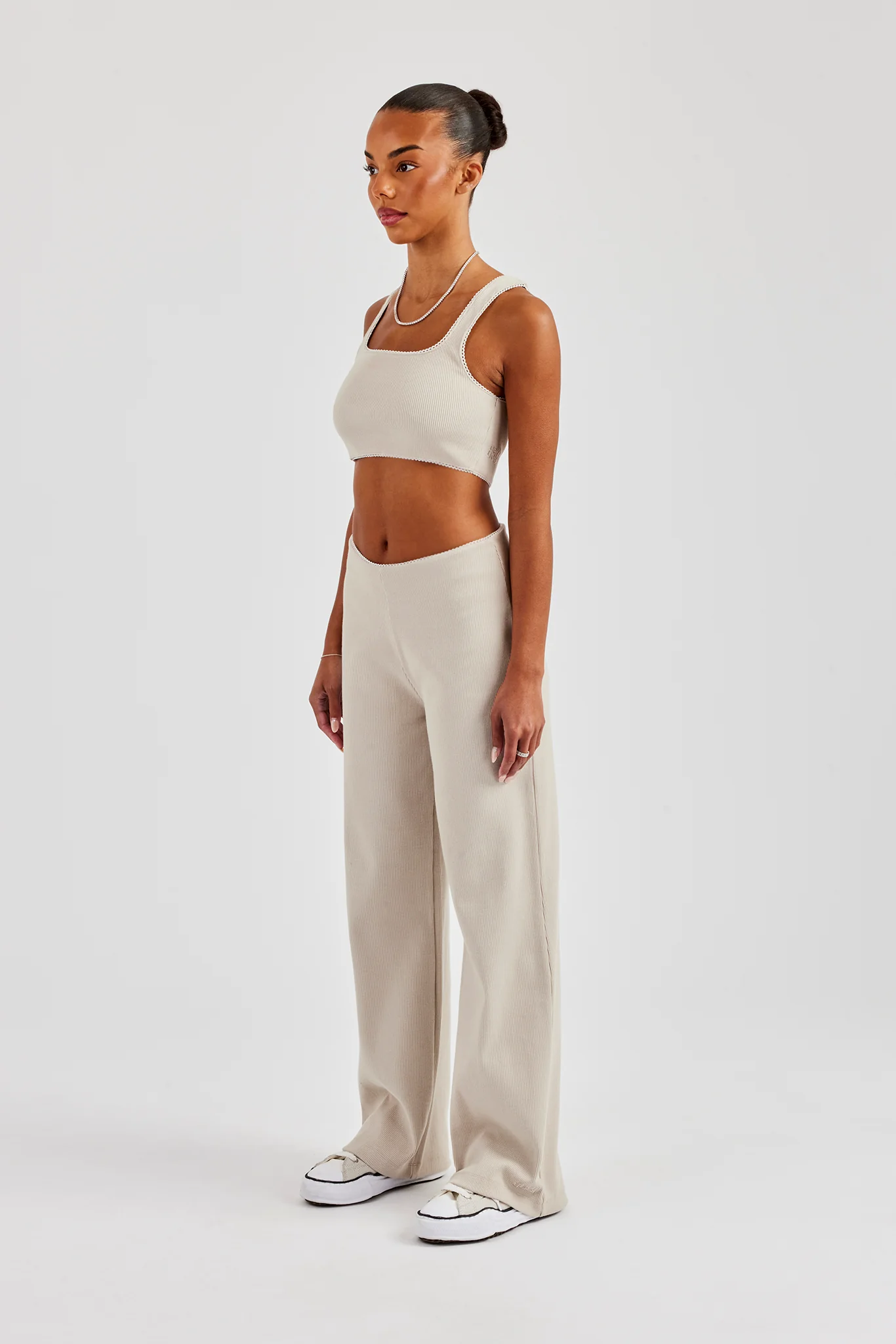 Ribbed Pant with Trim Detail - Stone - Image 5