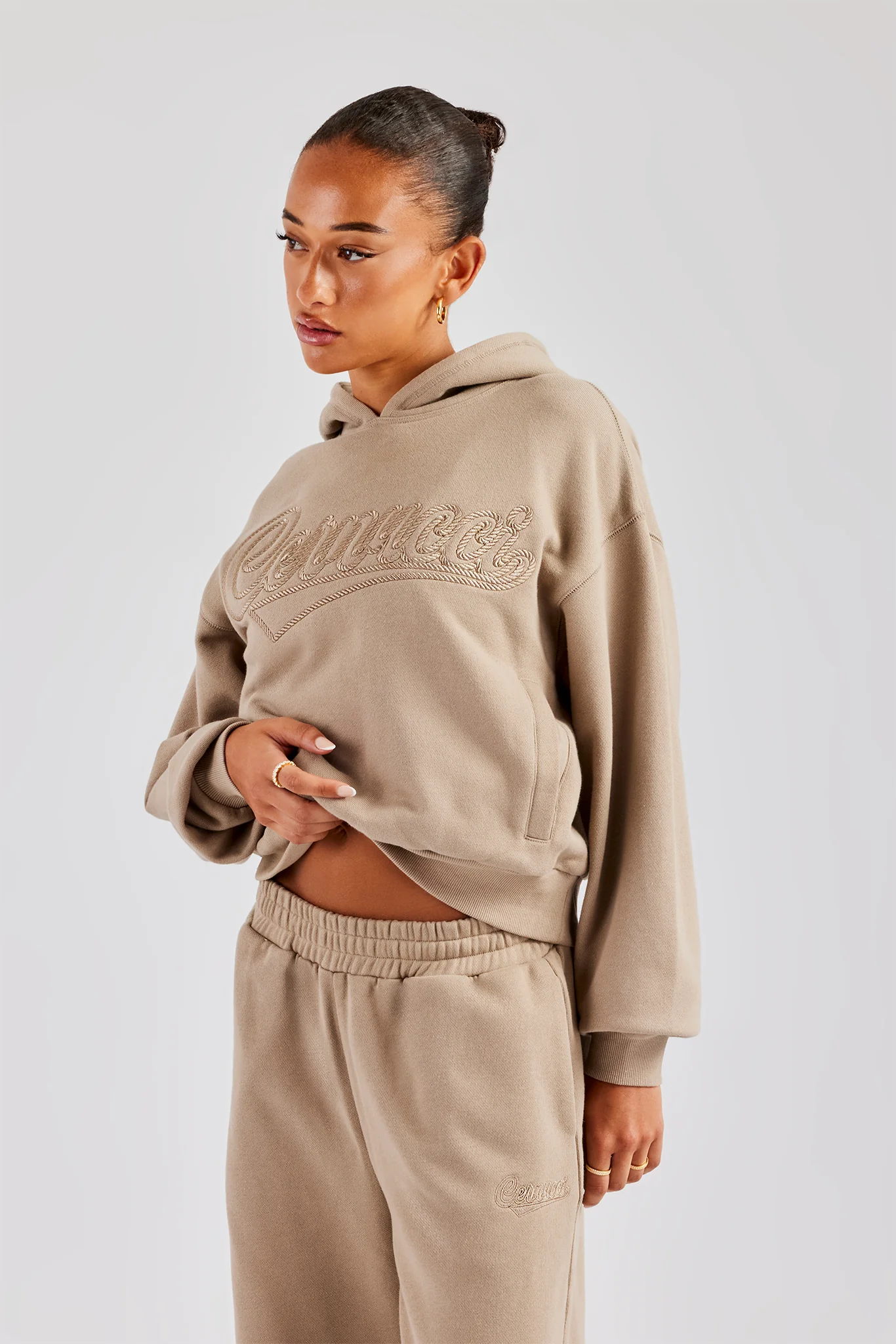 Rope Embroidery Oversized Hoodie - Taupe - Image 5