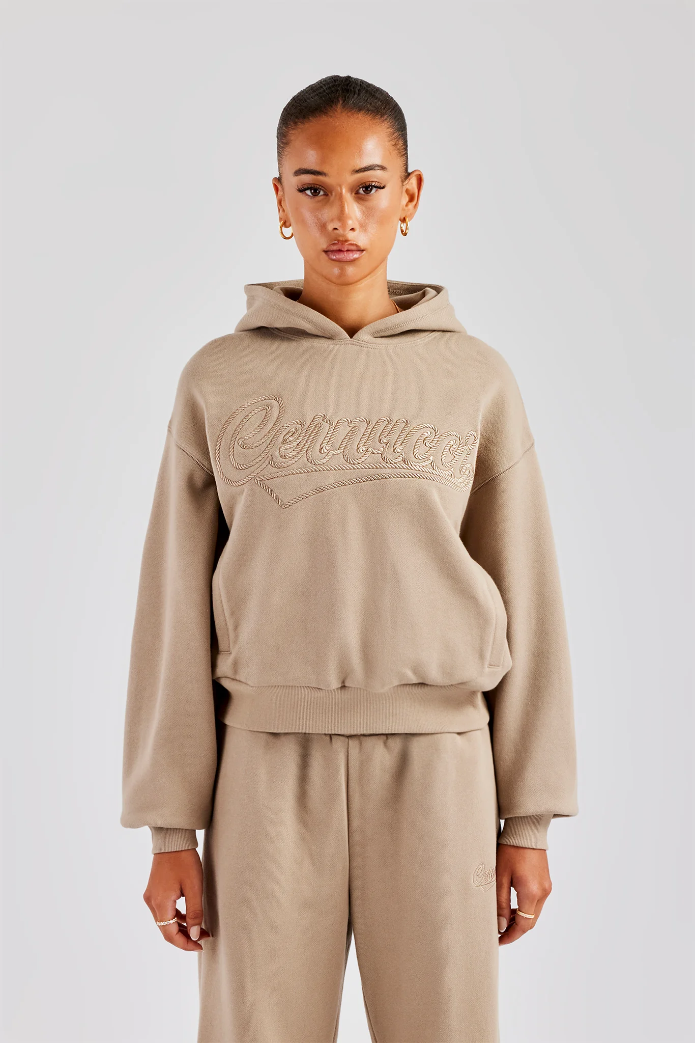 Rope Embroidery Oversized Hoodie - Taupe - Image 6