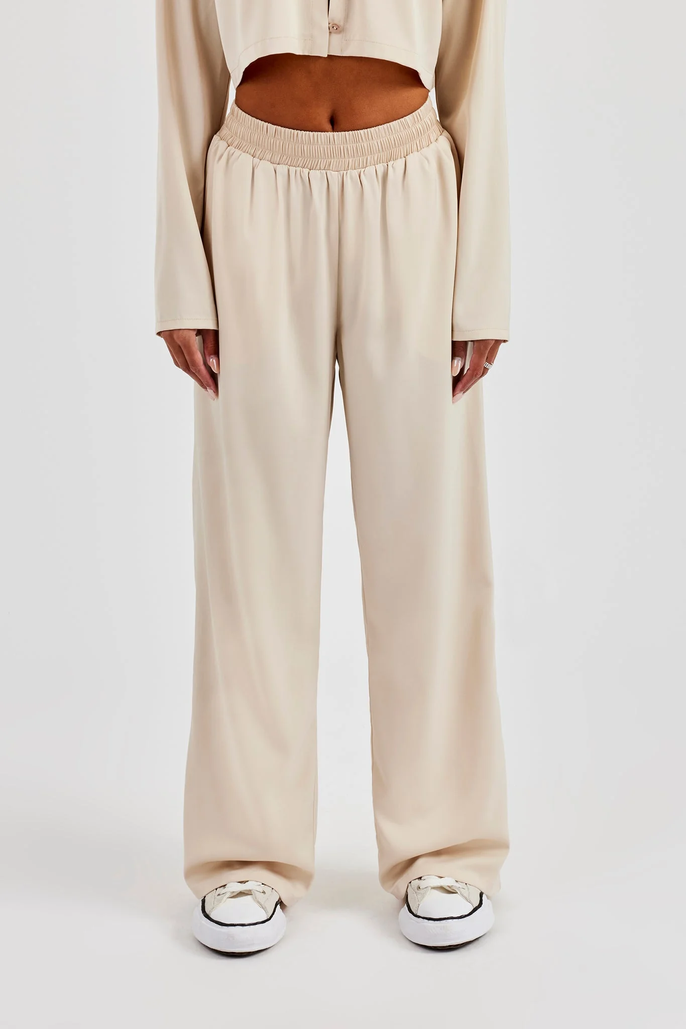 Satin Wide Leg Trouser - Beige - Image 3