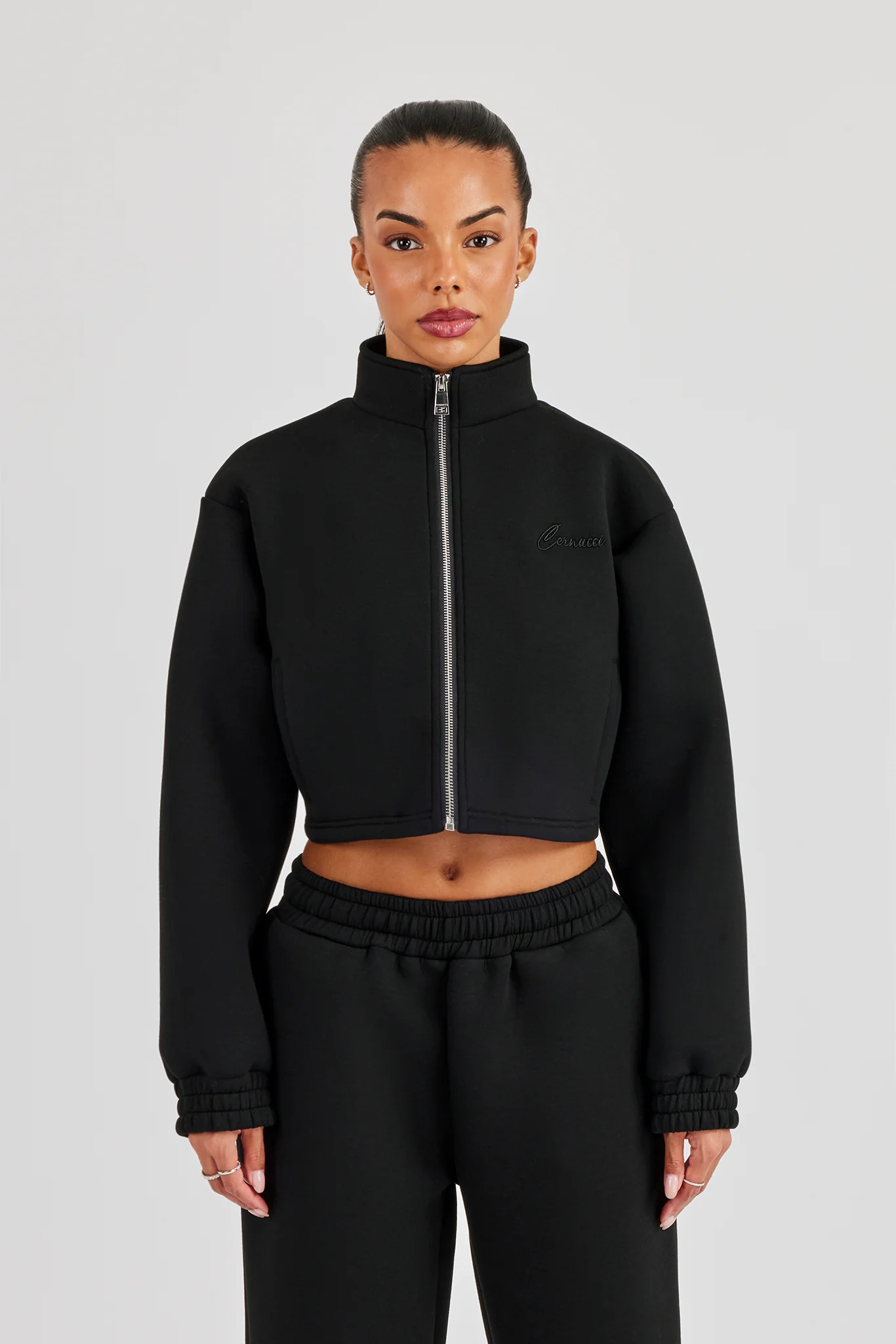 Scuba Funnel Neck Crop Jacket - Black - Image 4