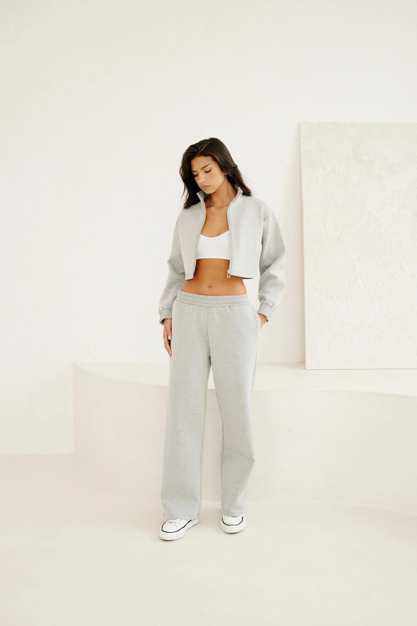 Scuba Funnel Neck Crop Jacket & Jogger - Grey - Image 2