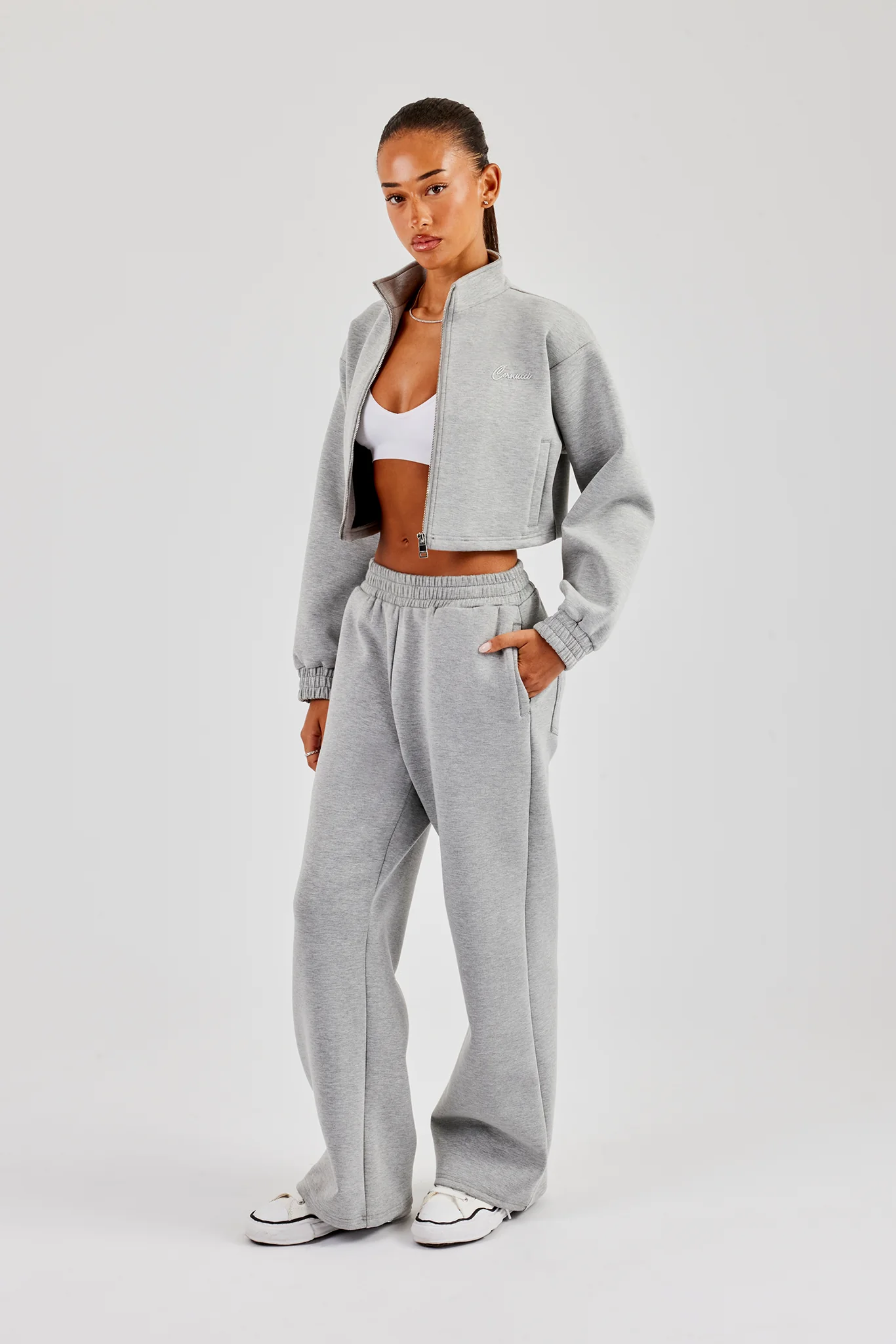 Scuba Funnel Neck Crop Jacket & Jogger - Grey - Image 3