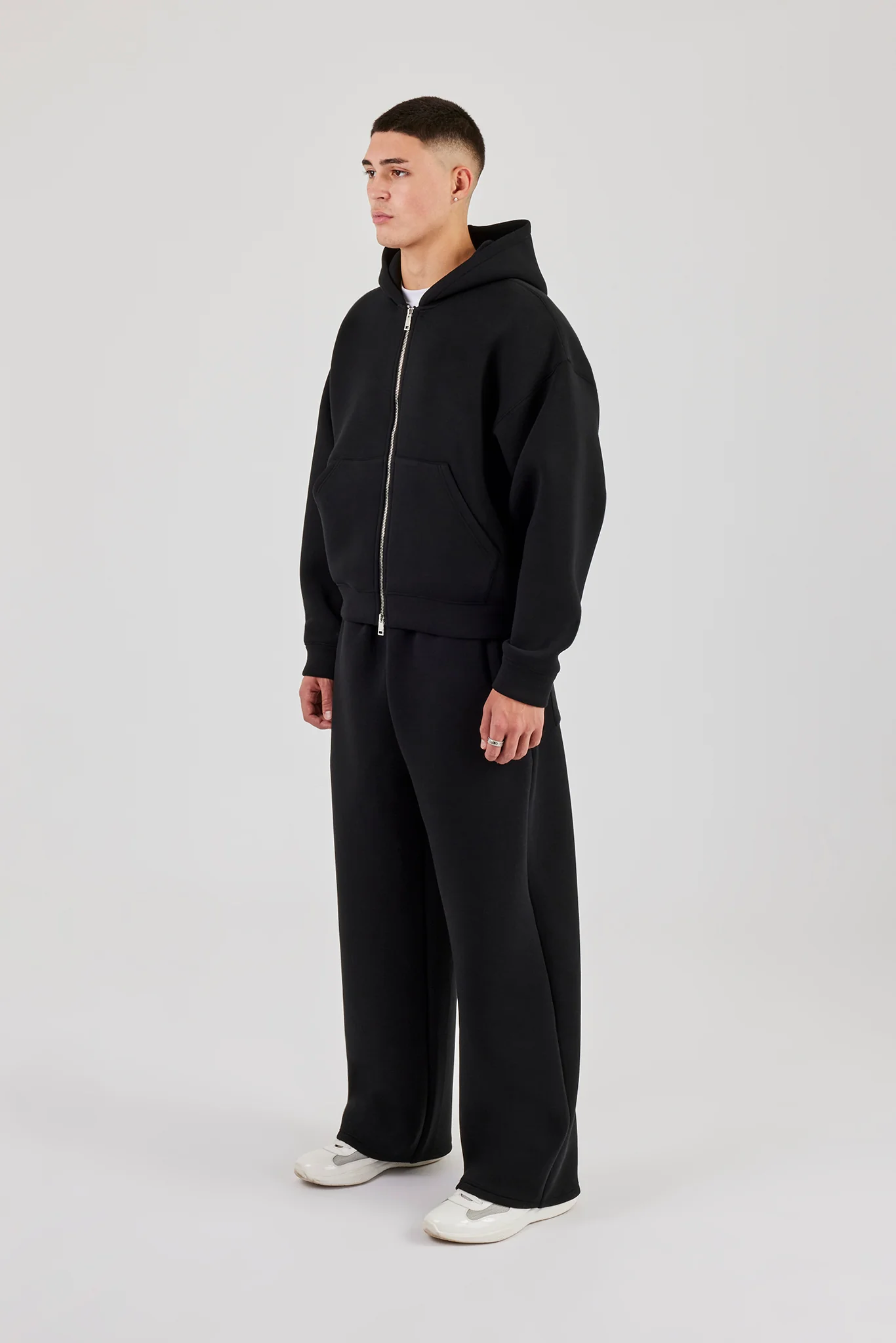 Scuba Zip Through Boxy Hoodie & Baggy Fit Trouser - Black - Image 4