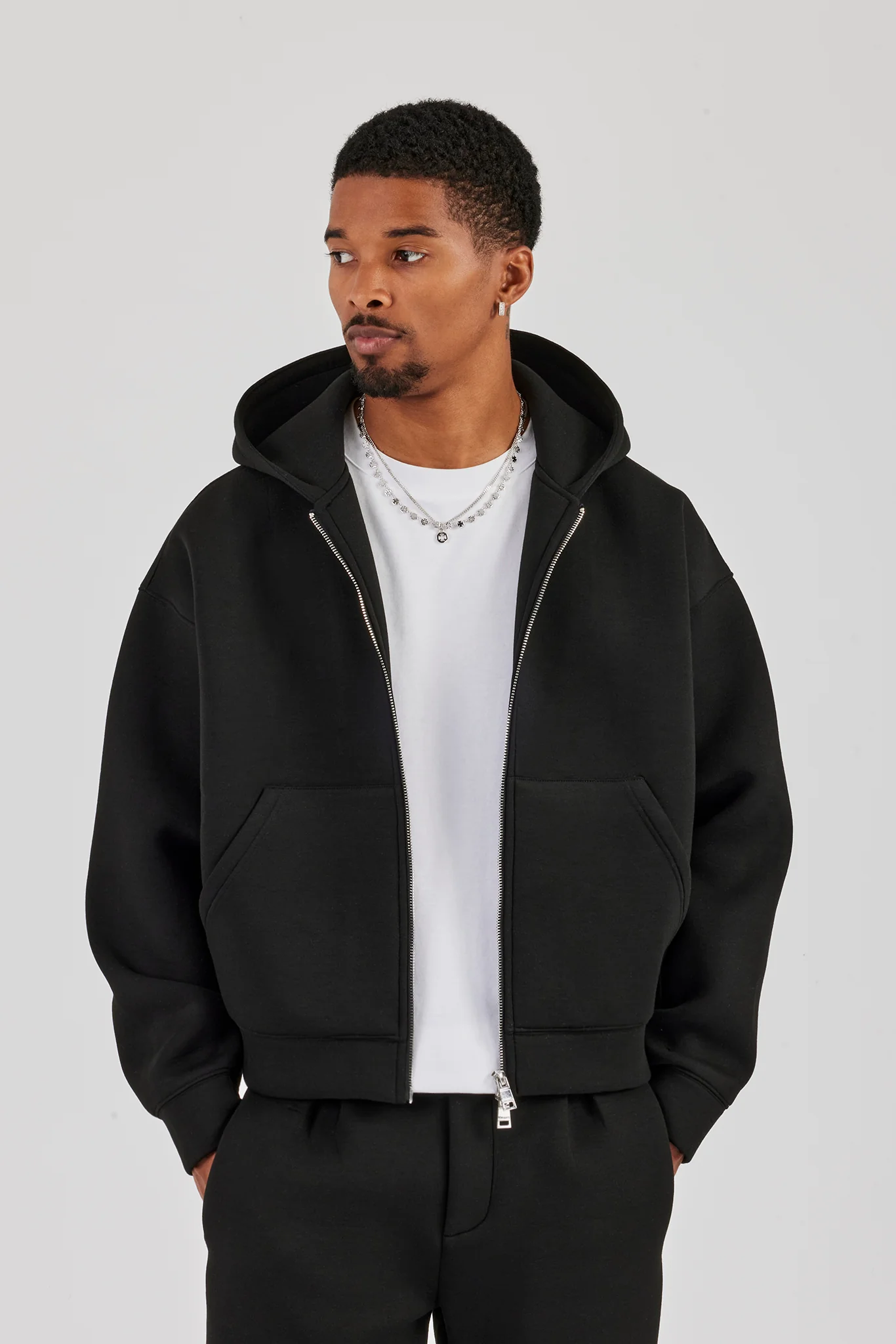 Scuba Zip Through Boxy Hoodie - Black - Image 2