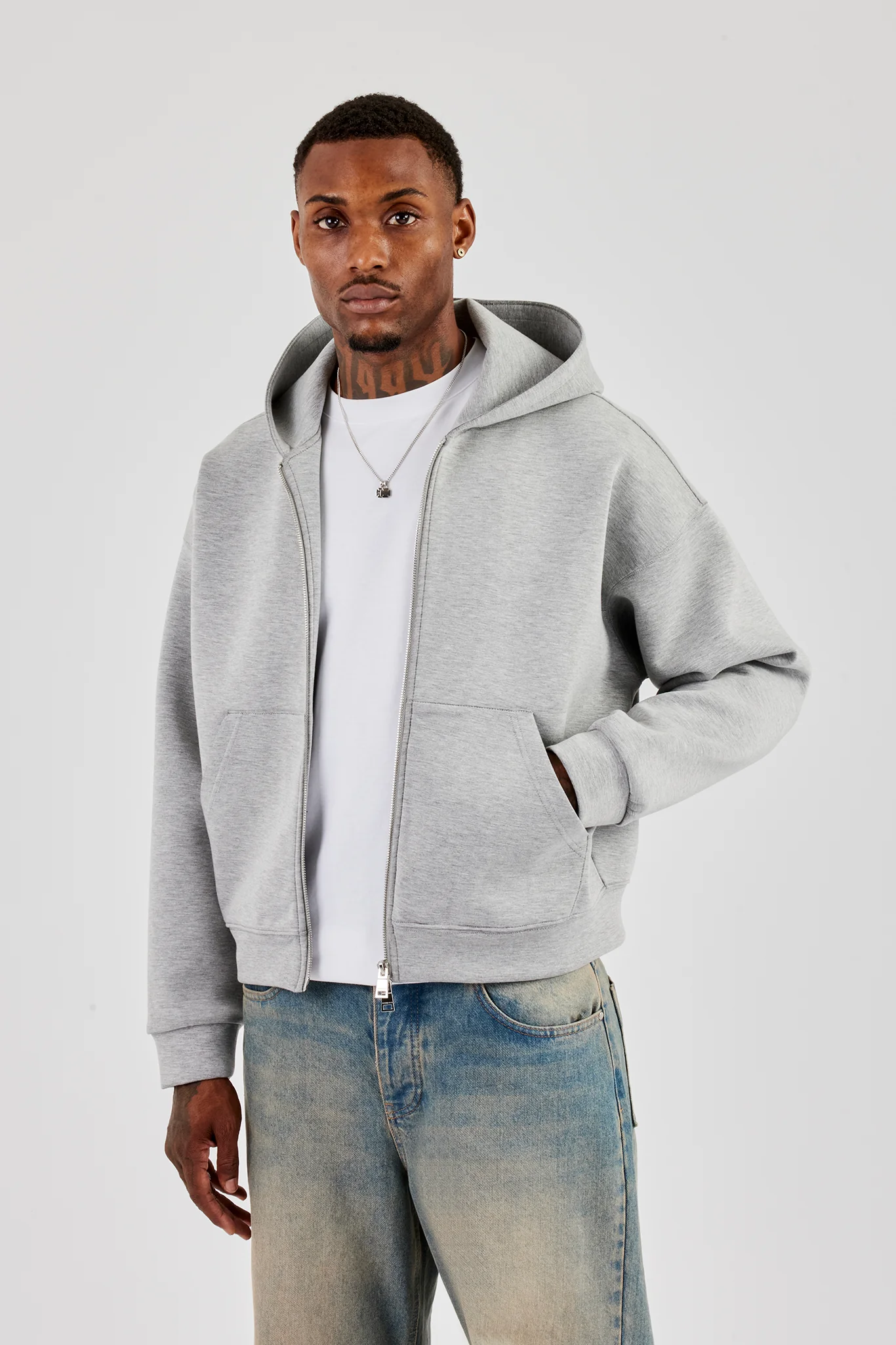 Scuba Zip Through Boxy Hoodie - Grey