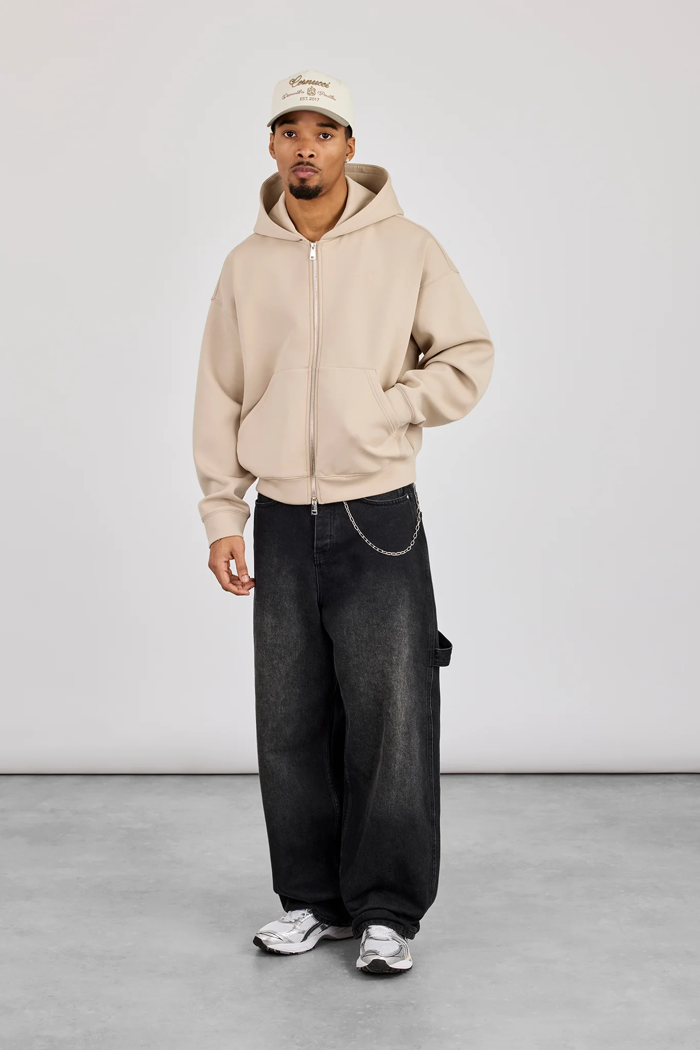 Scuba Zip Through Boxy Hoodie - Stone - Image 2