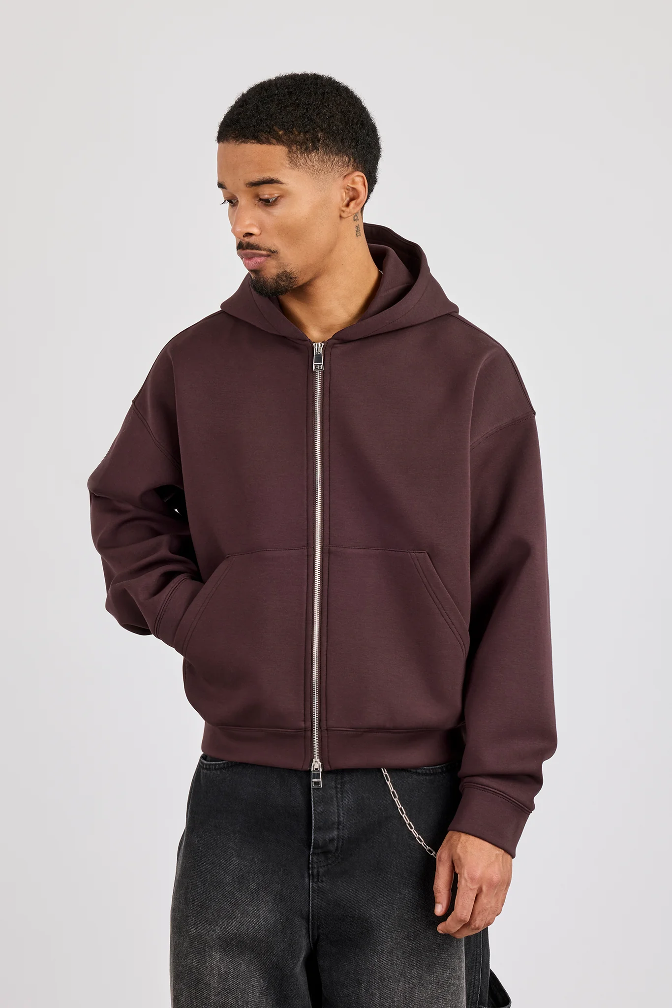 Scuba Zip Through Boxy Hoodie - Dark Brown - Image 2