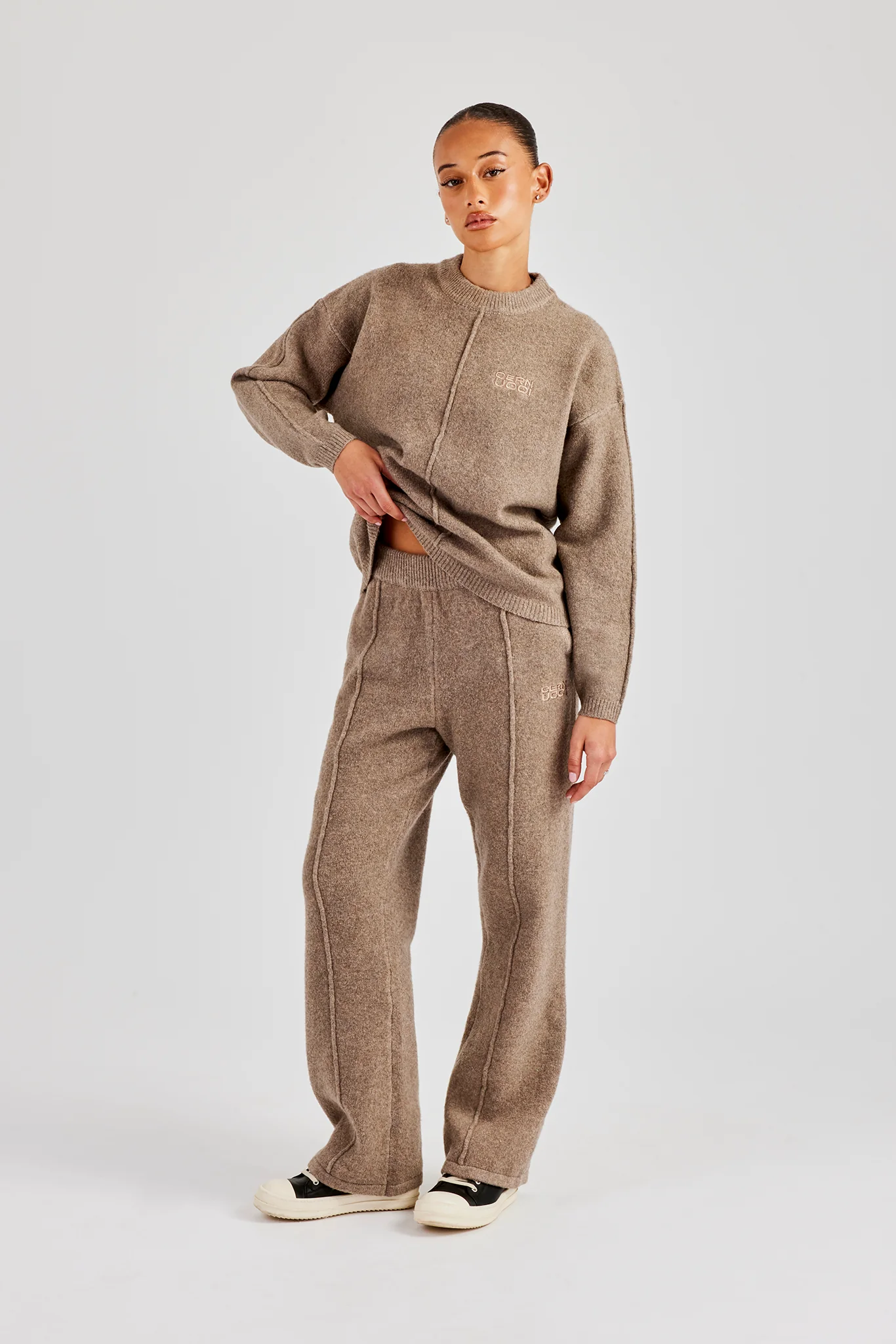Seam Detail Knitted Sweatshirt & Wide Leg Jogger - Brown