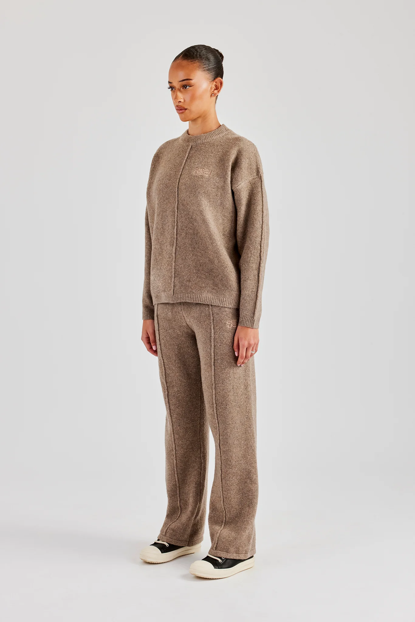 Seam Detail Knitted Sweatshirt & Wide Leg Jogger - Brown - Image 2