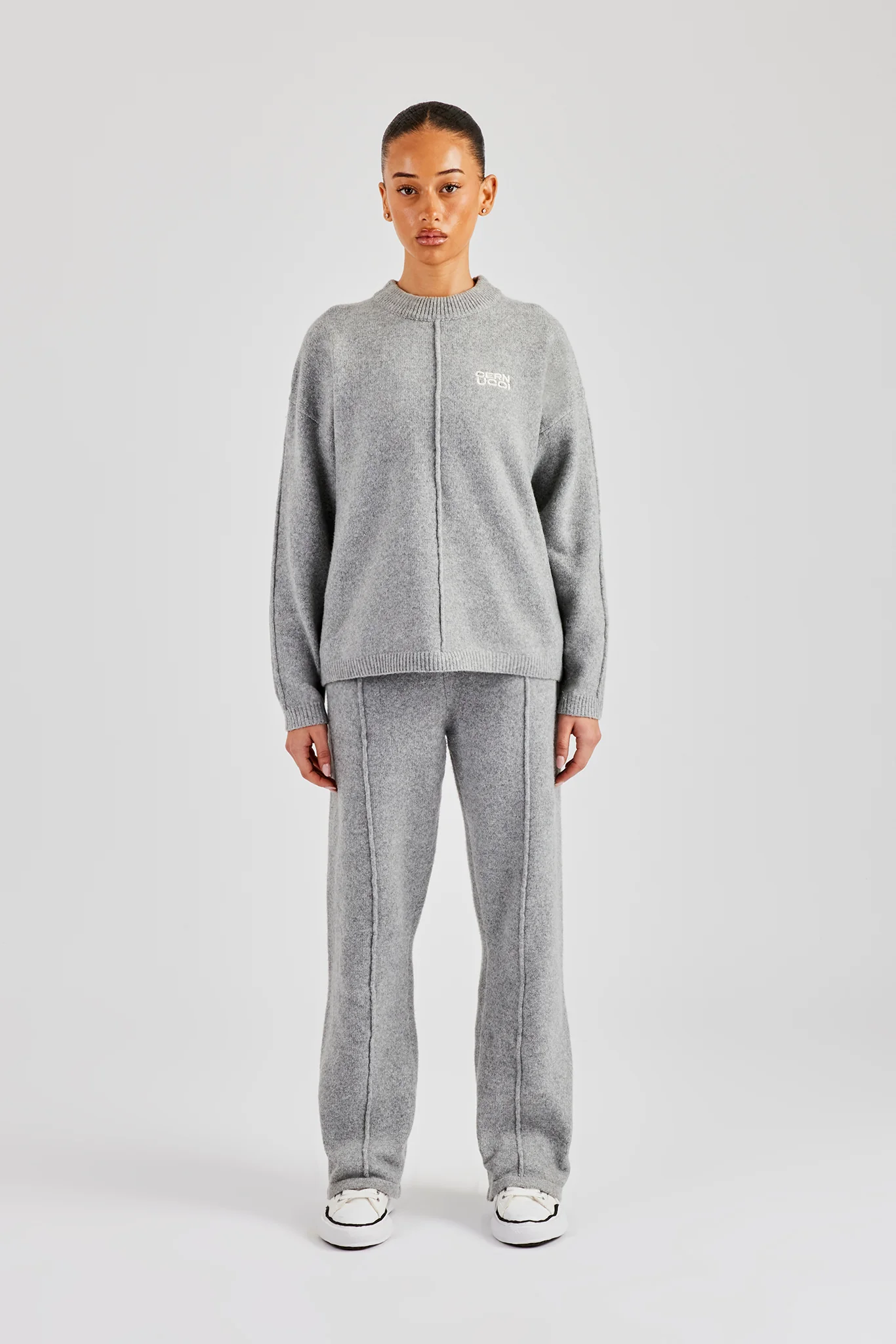 Seam Detail Knitted Sweatshirt & Wide Leg Jogger - Grey - Image 2