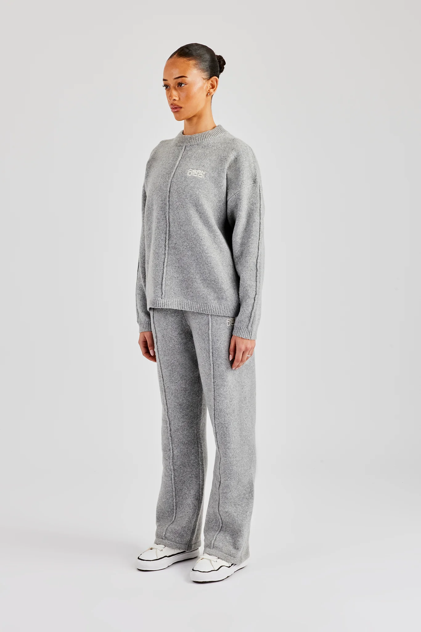 Seam Detail Knitted Sweatshirt & Wide Leg Jogger - Grey - Image 4