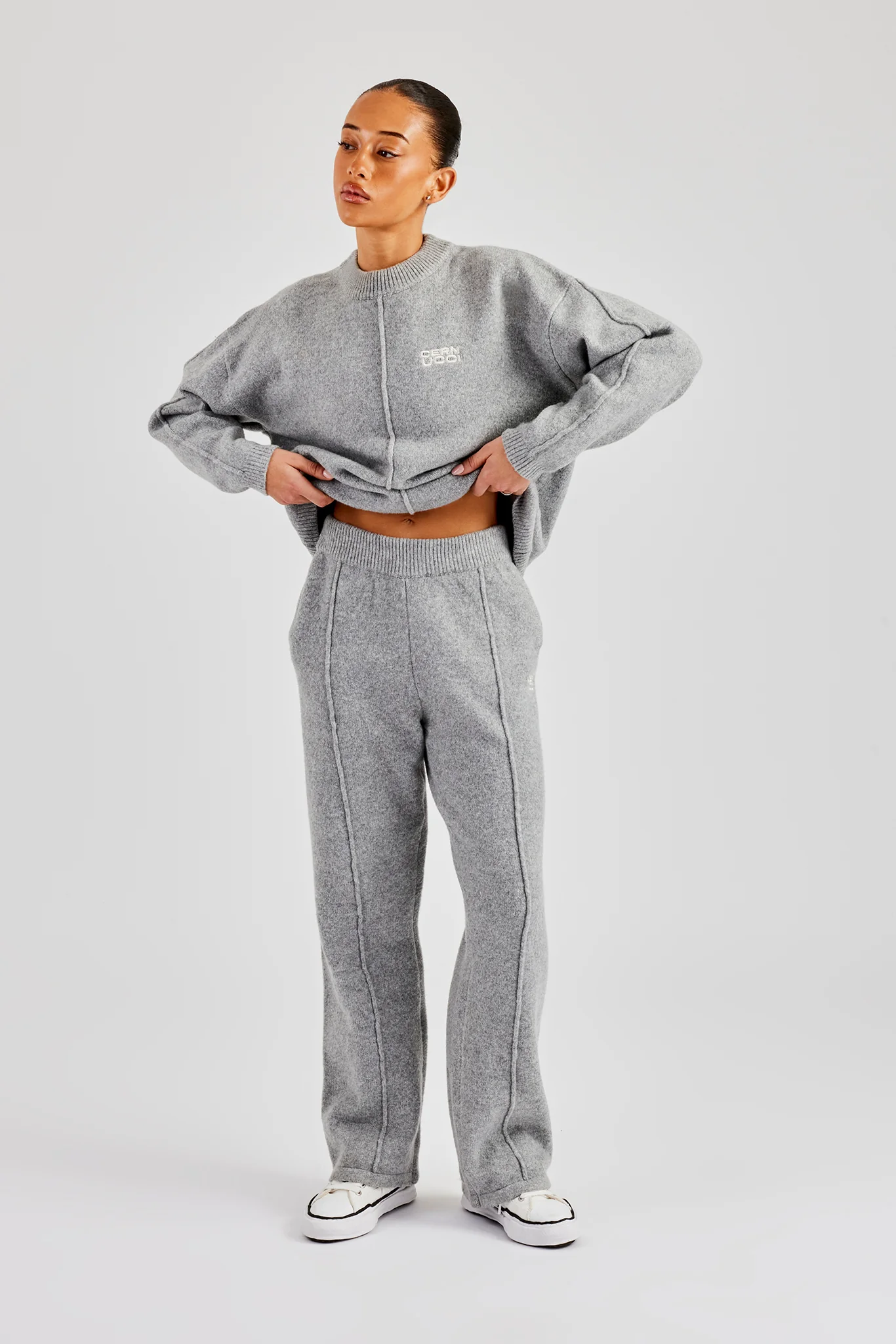 Seam Detail Knitted Wide Leg Jogger - Grey - Image 2