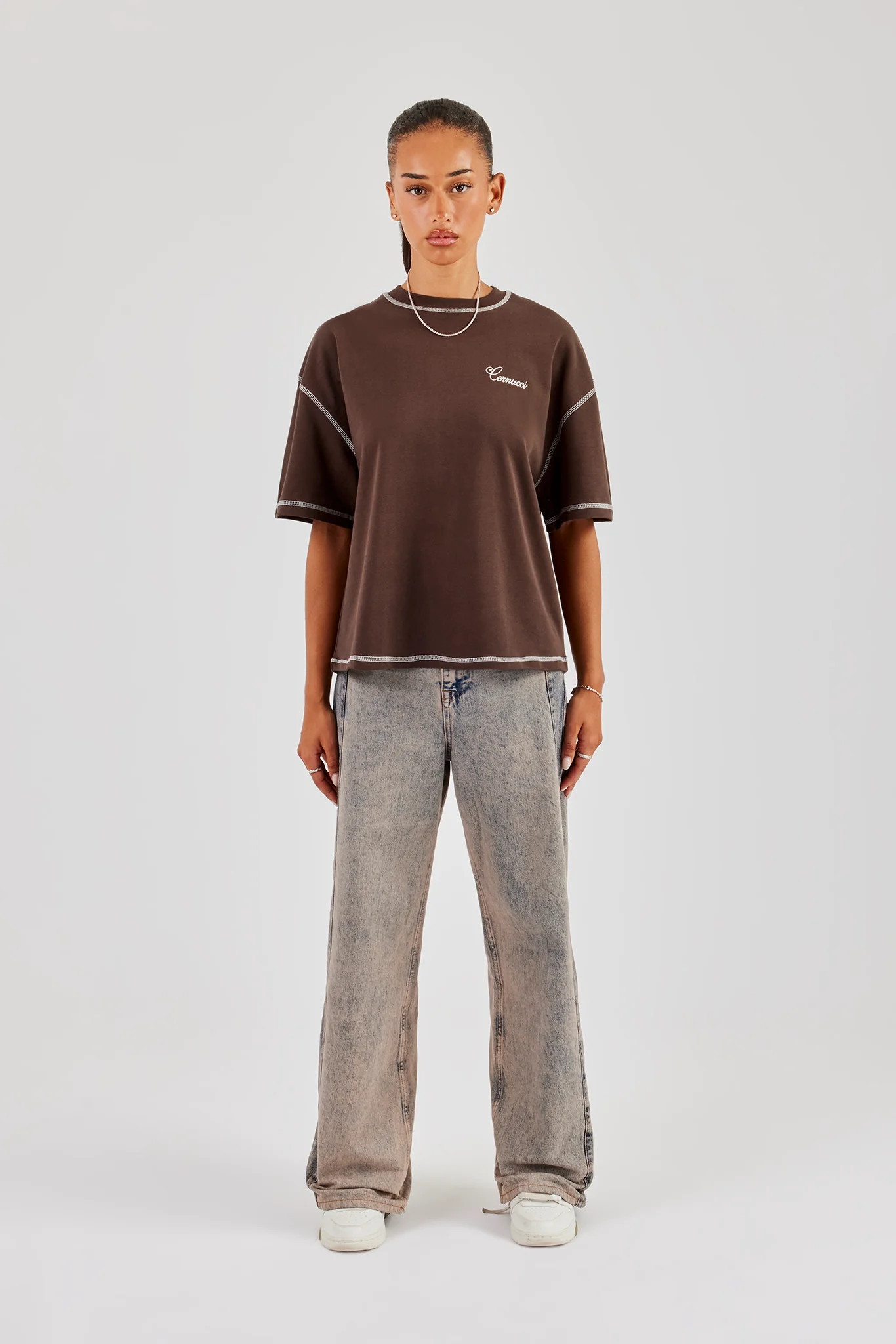 Seasoned Gems Contrast Stitch Oversized T-Shirt - Chocolate - Image 3