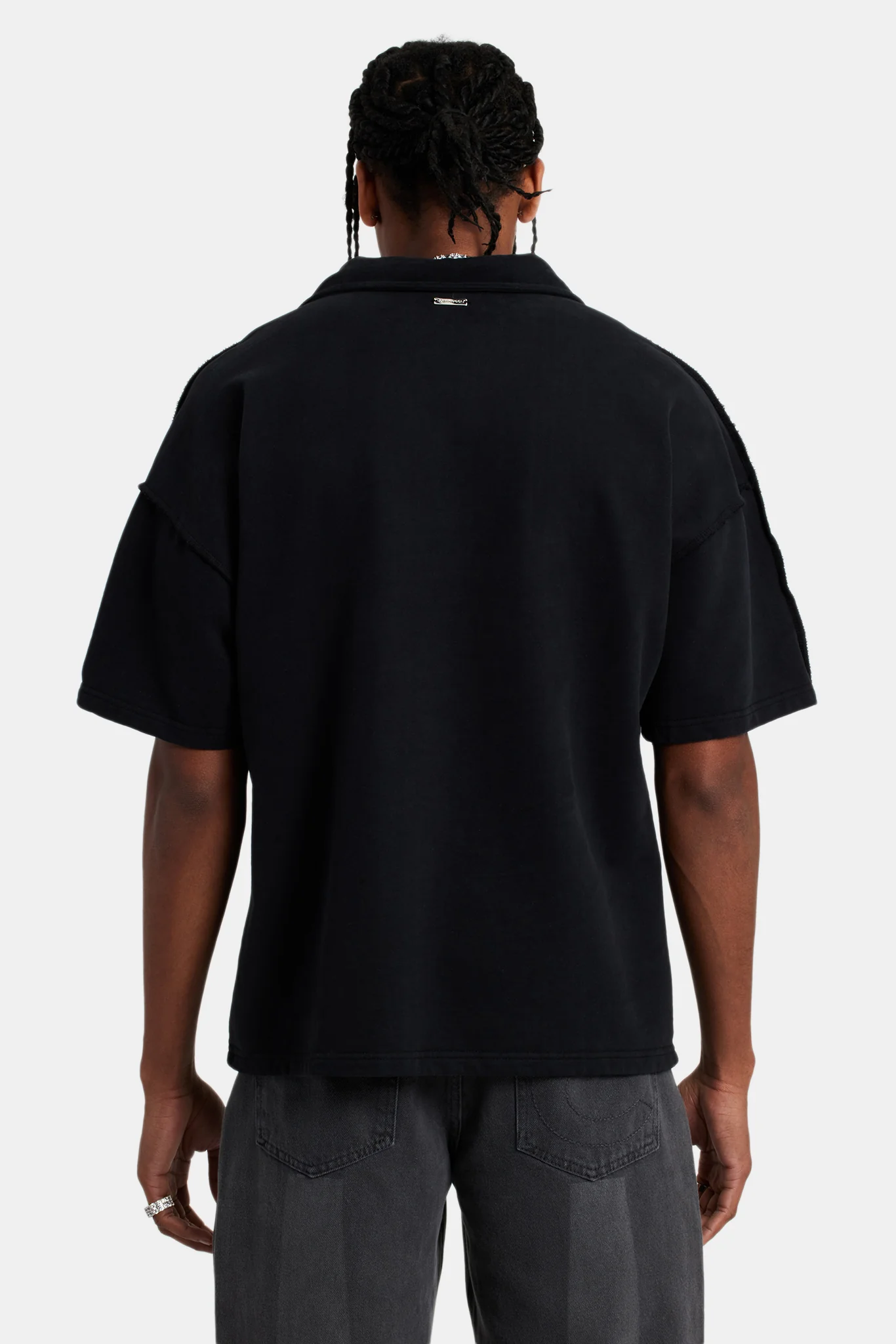 Short Sleeve Exposed Seam Collared Sweatshirt - Black - Image 5