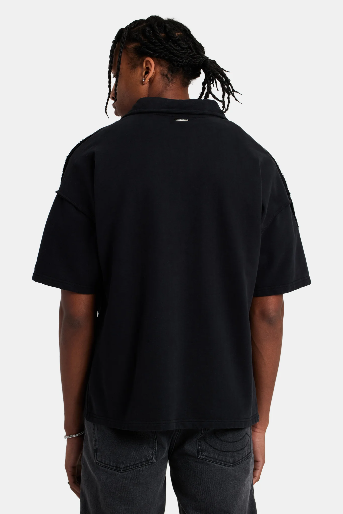 Short Sleeve Exposed Seam Collared Sweatshirt - Black - Image 7