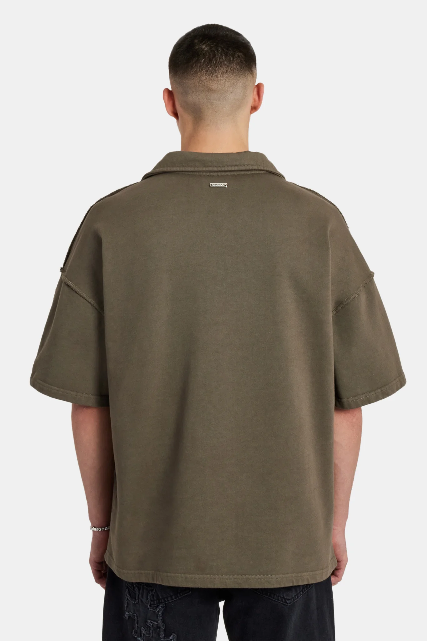 Short Sleeve Exposed Seam Collared Sweatshirt - Washed Green - Image 3