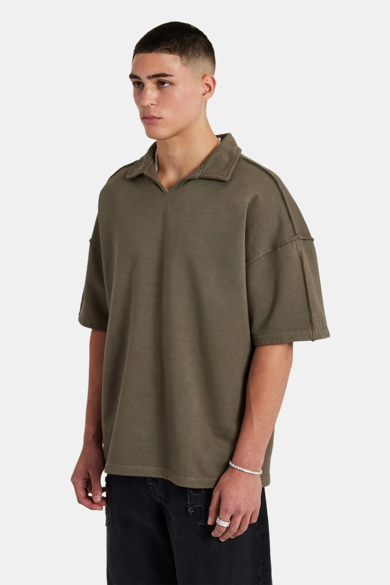 Short Sleeve Exposed Seam Collared Sweatshirt - Washed Green - Image 4