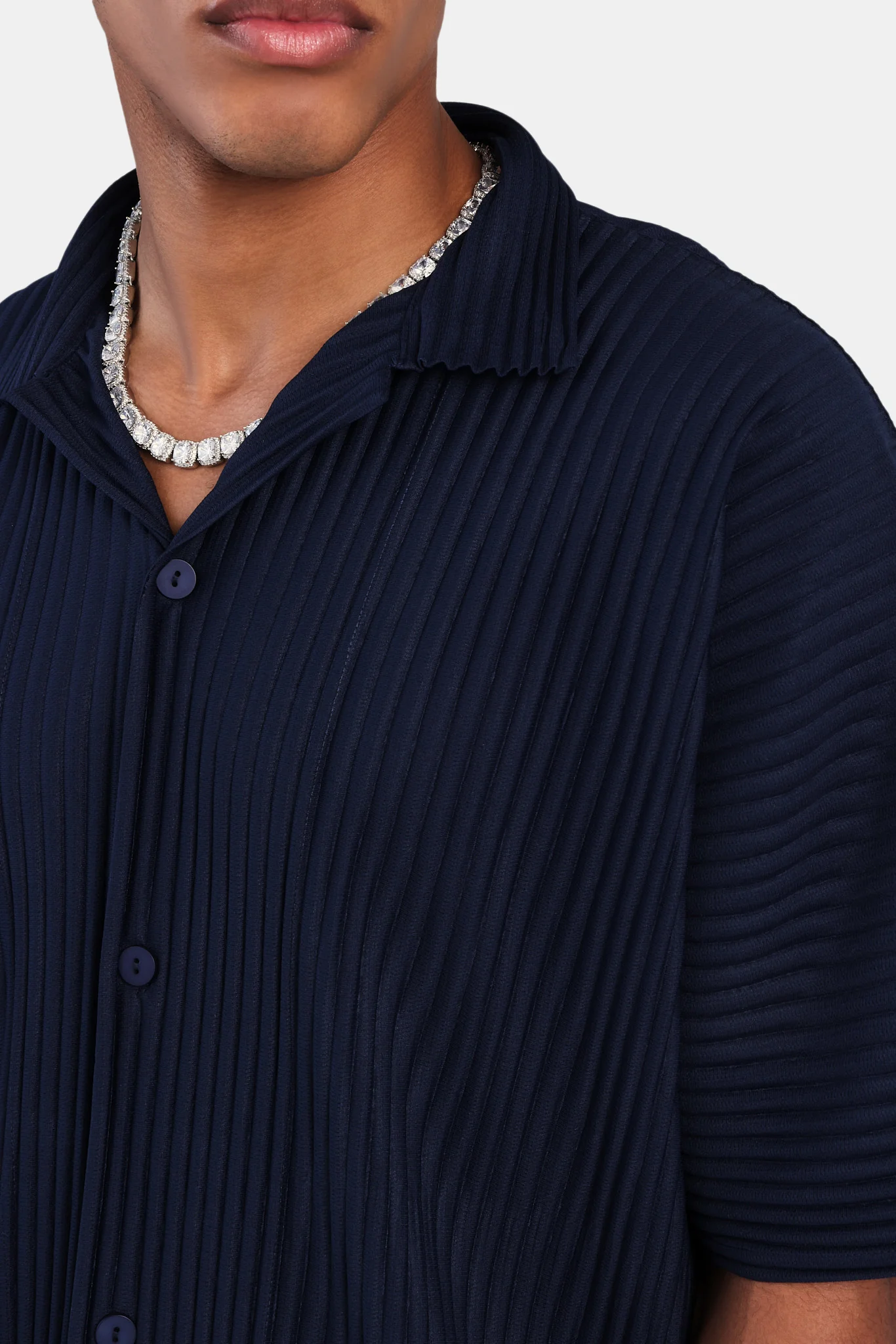 Short Sleeve Pleated Shirt - Navy - Image 5
