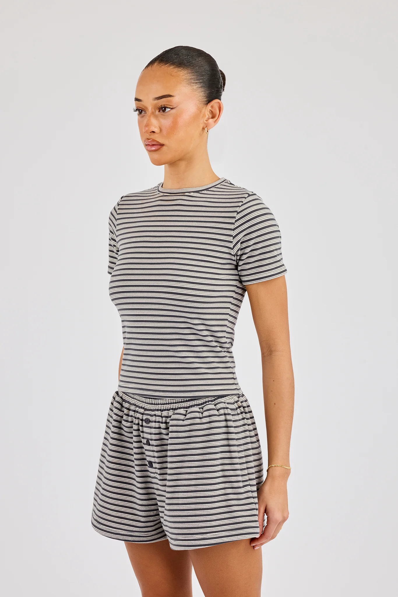 Soft Touch Double Stripe Short Sleeve Top - Grey - Image 2