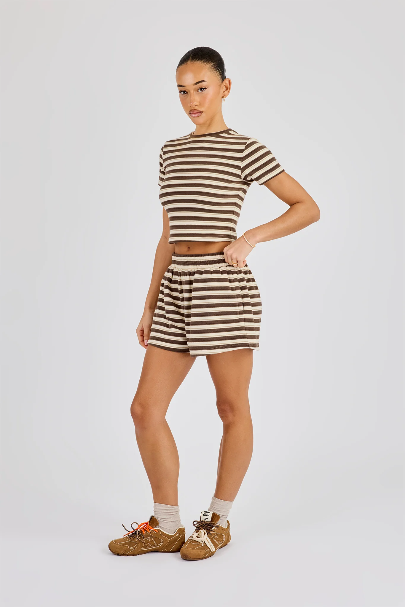 Soft Touch Double Stripe Short Sleeve Top & Short - Beige