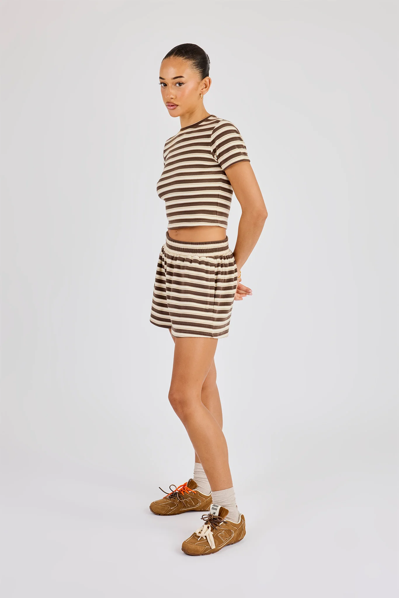 Soft Touch Double Stripe Short Sleeve Top & Short - Beige - Image 4