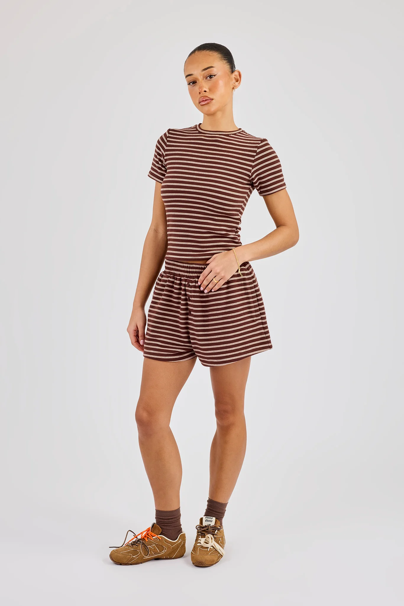 Soft Touch Double Stripe Short Sleeve Top & Short - Chocolate