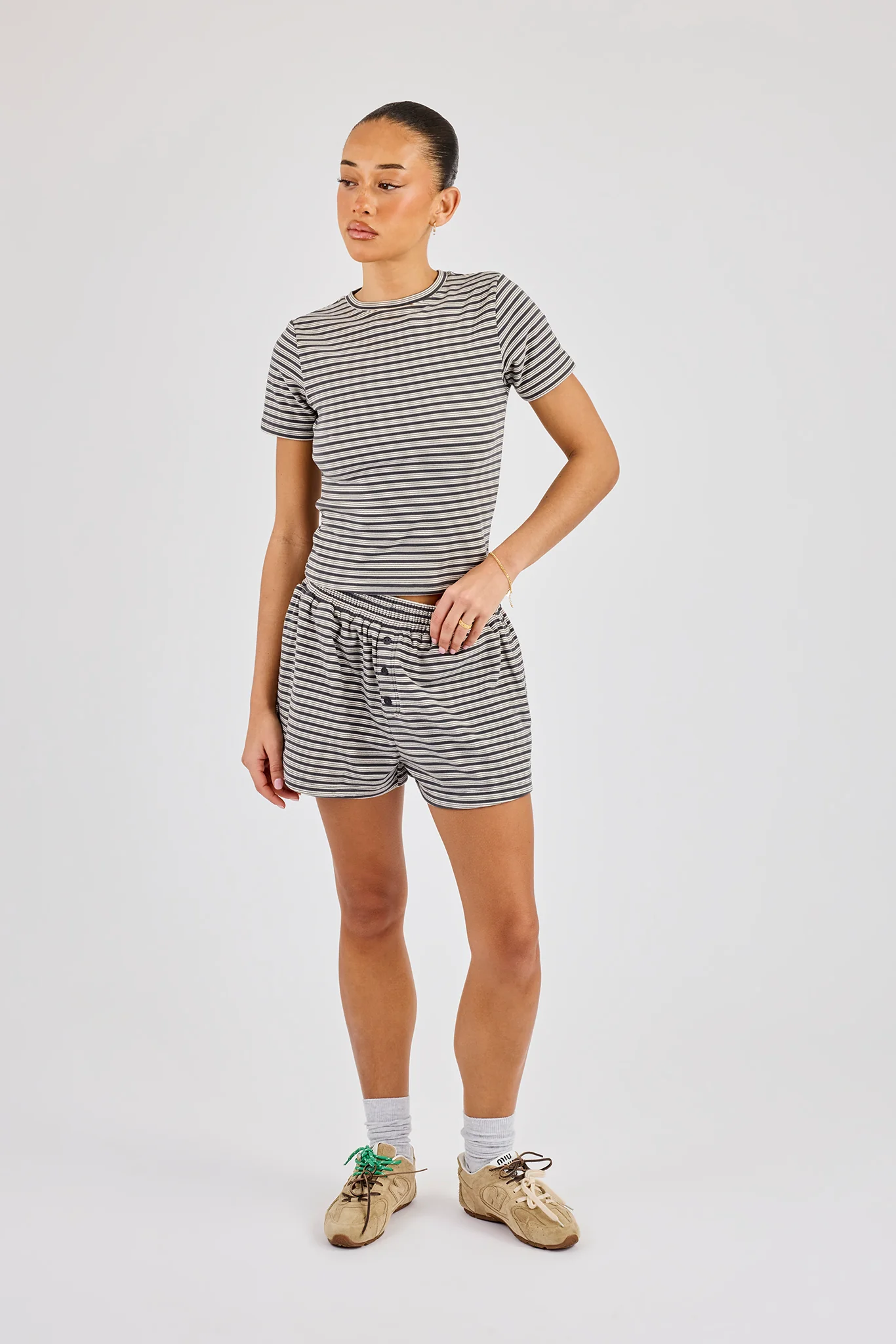 Soft Touch Double Stripe Short Sleeve Top & Short - Grey - Image 4