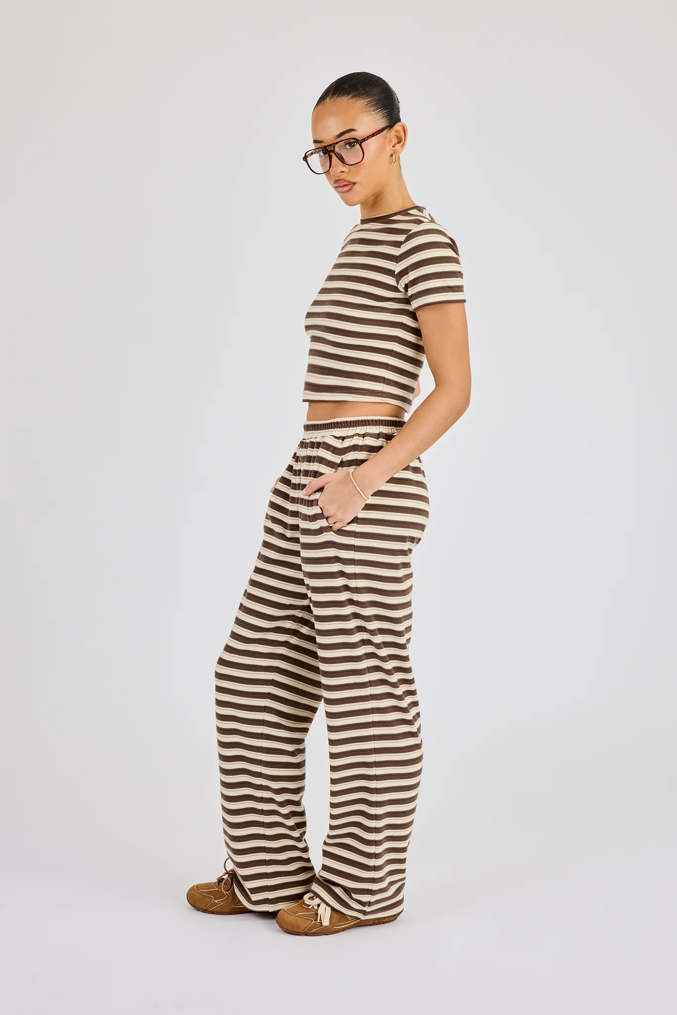 Soft Touch Double Stripe Short Sleeve Top & Trouser - Beige - Image 3