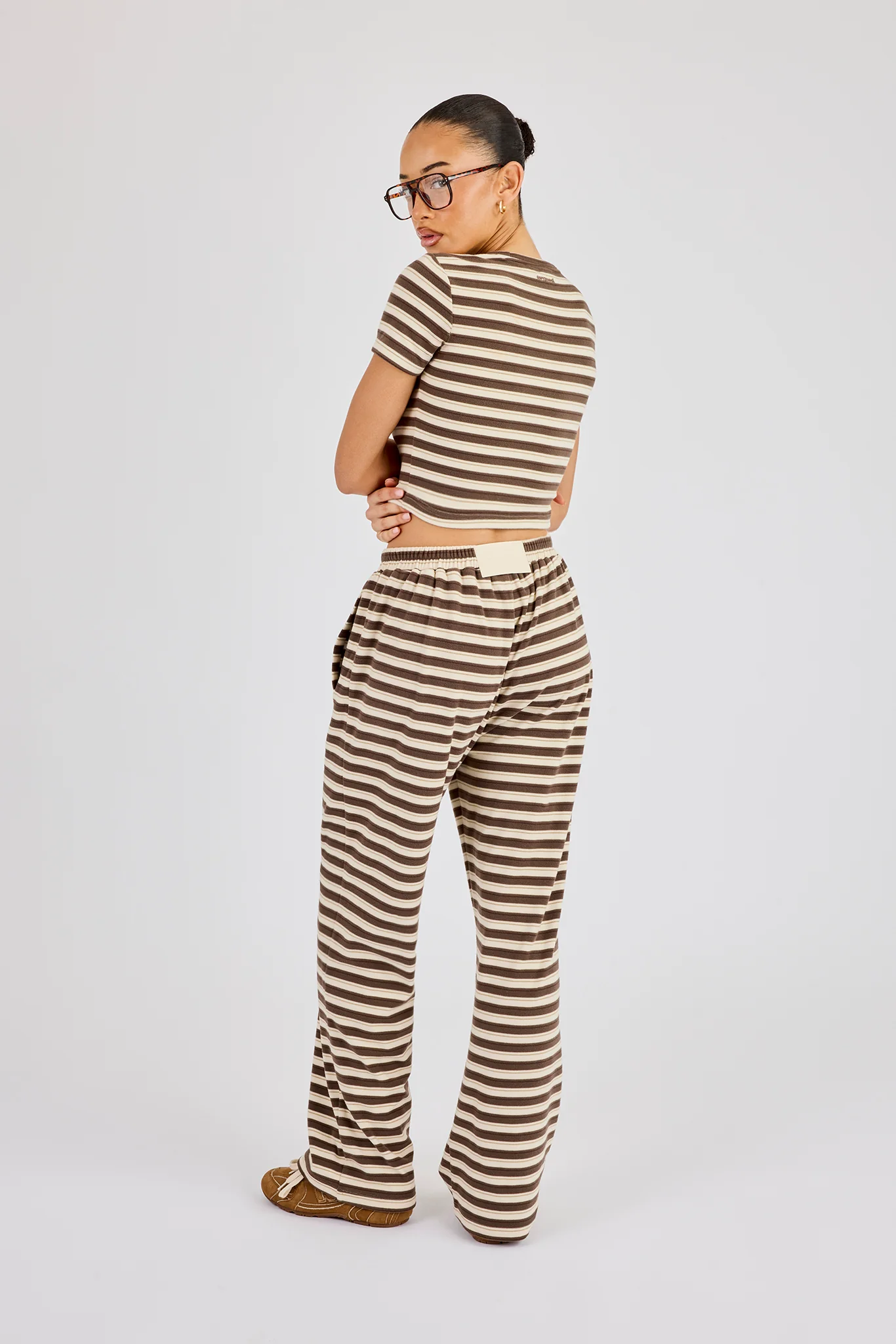 Soft Touch Double Stripe Short Sleeve Top & Trouser - Beige - Image 4