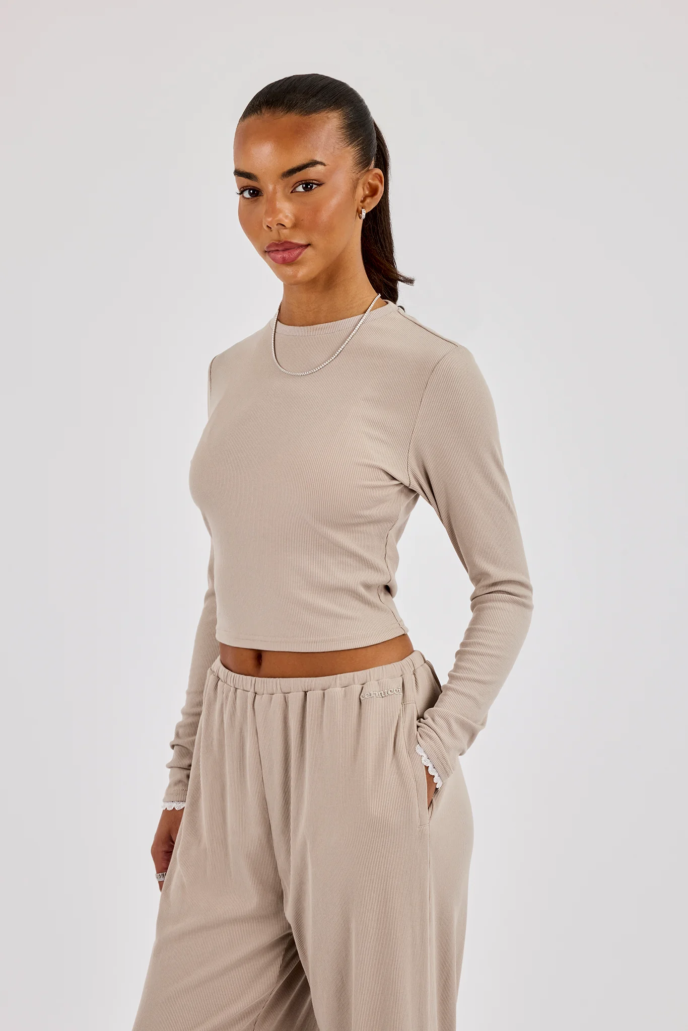 Soft Touch Ribbed Long Sleeve T-Shirt - Taupe - Image 2