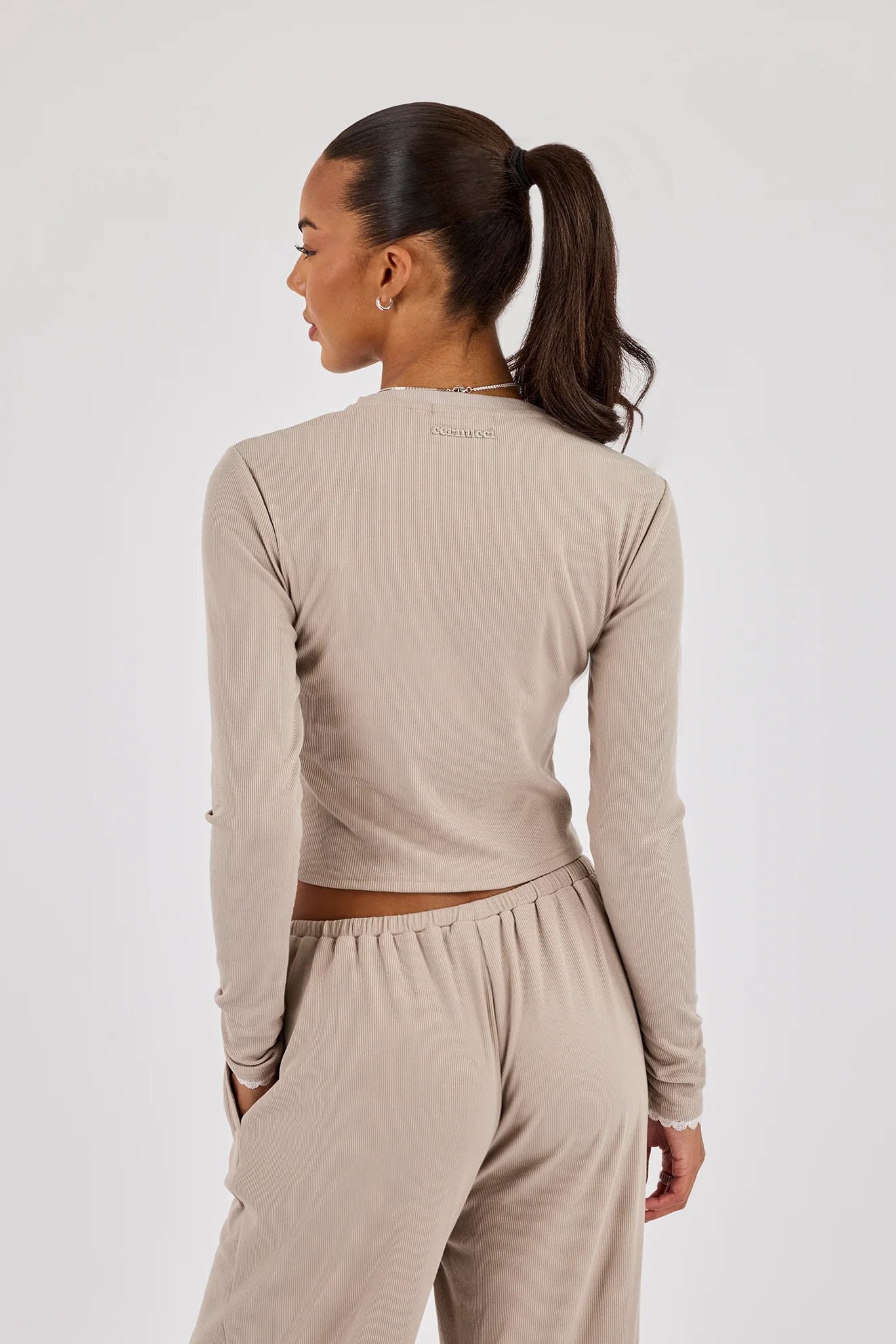 Soft Touch Ribbed Long Sleeve T-Shirt - Taupe - Image 3
