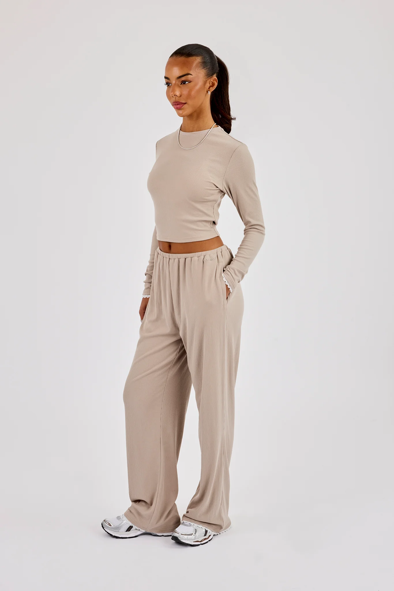 Soft Touch Ribbed Long Sleeve T-Shirt & Trouser - Taupe - Image 2