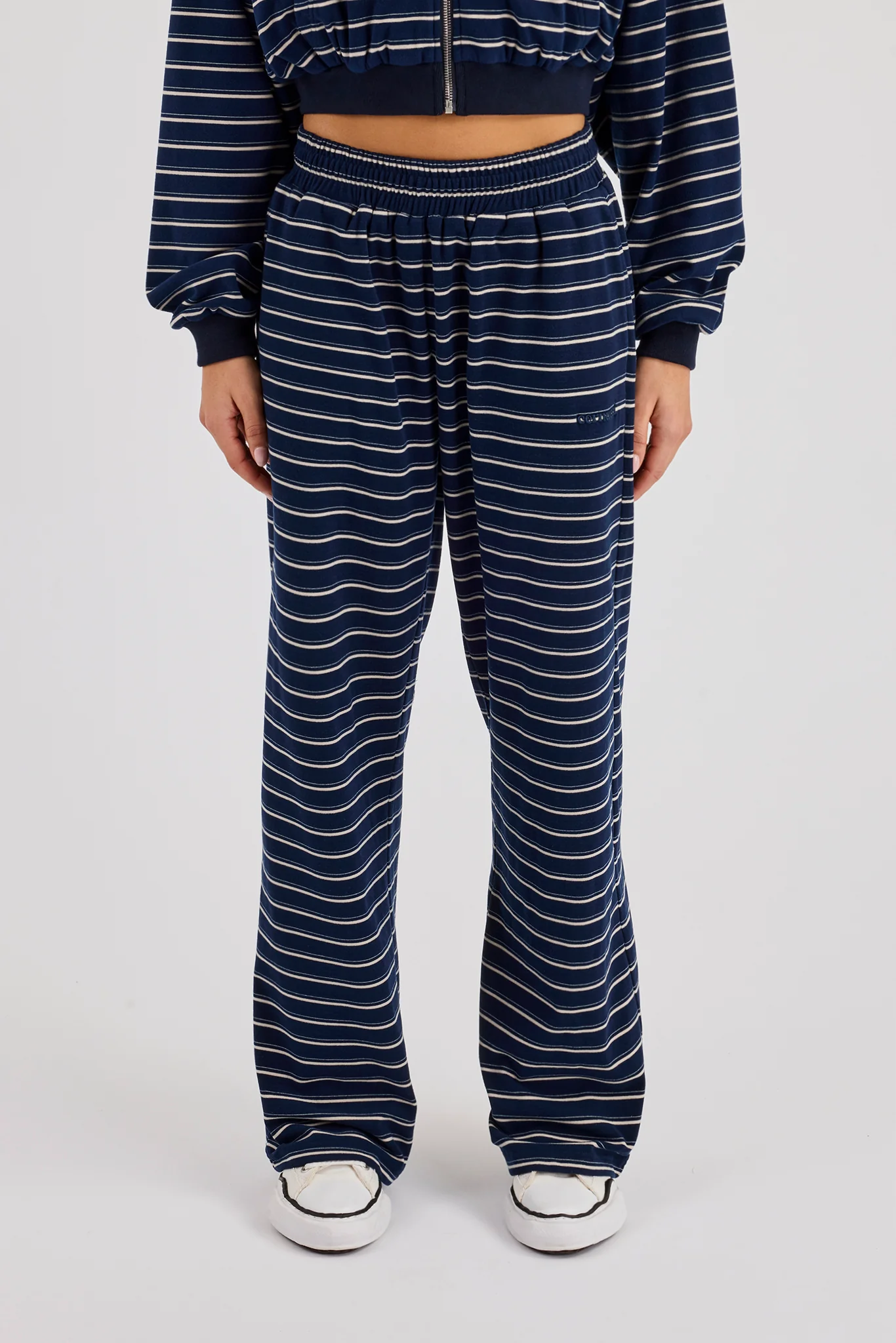 Soft Touch Stripe Button Detail Wide Leg Jogger - Navy - Image 2