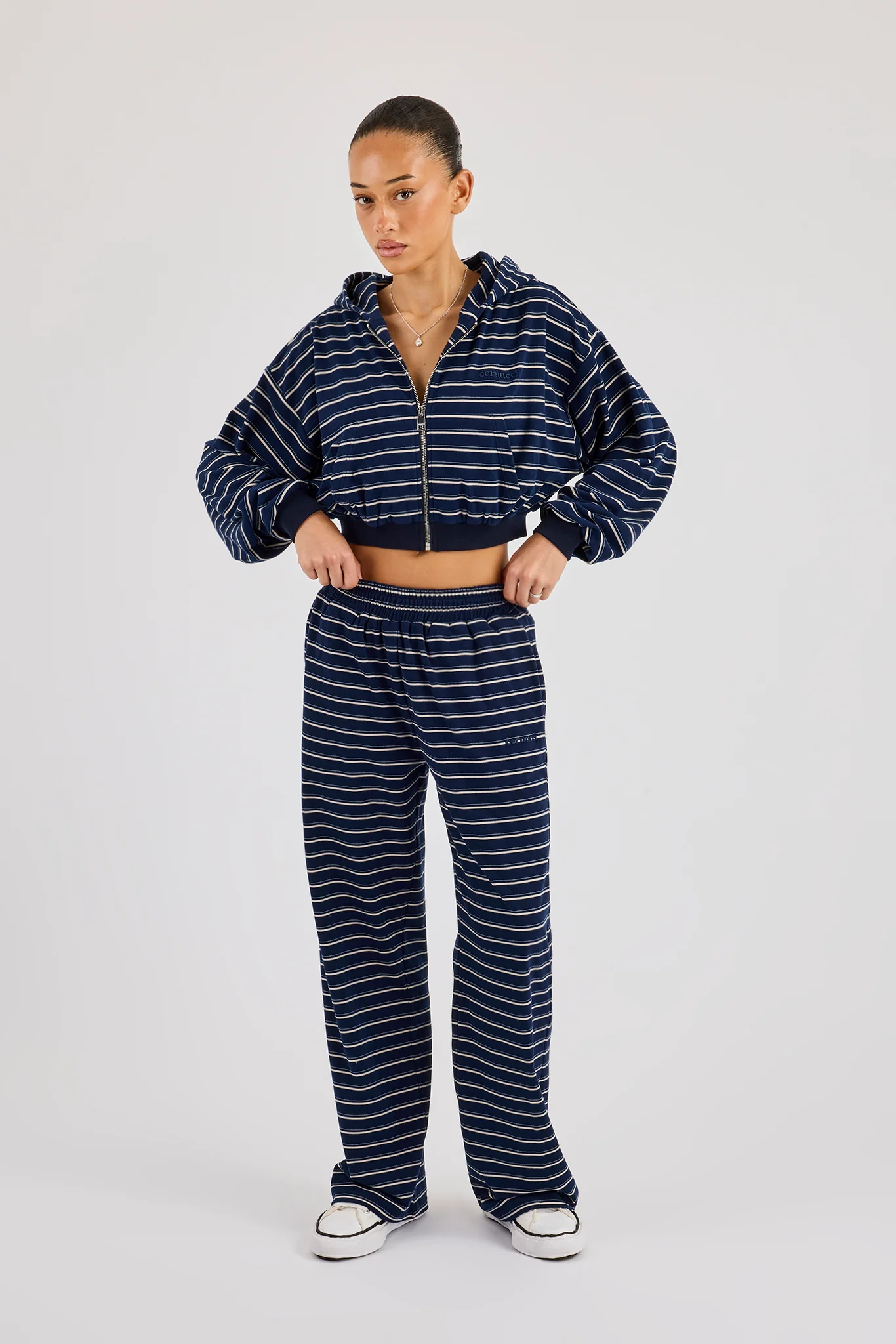 Soft Touch Stripe Button Detail Wide Leg Jogger - Navy - Image 4