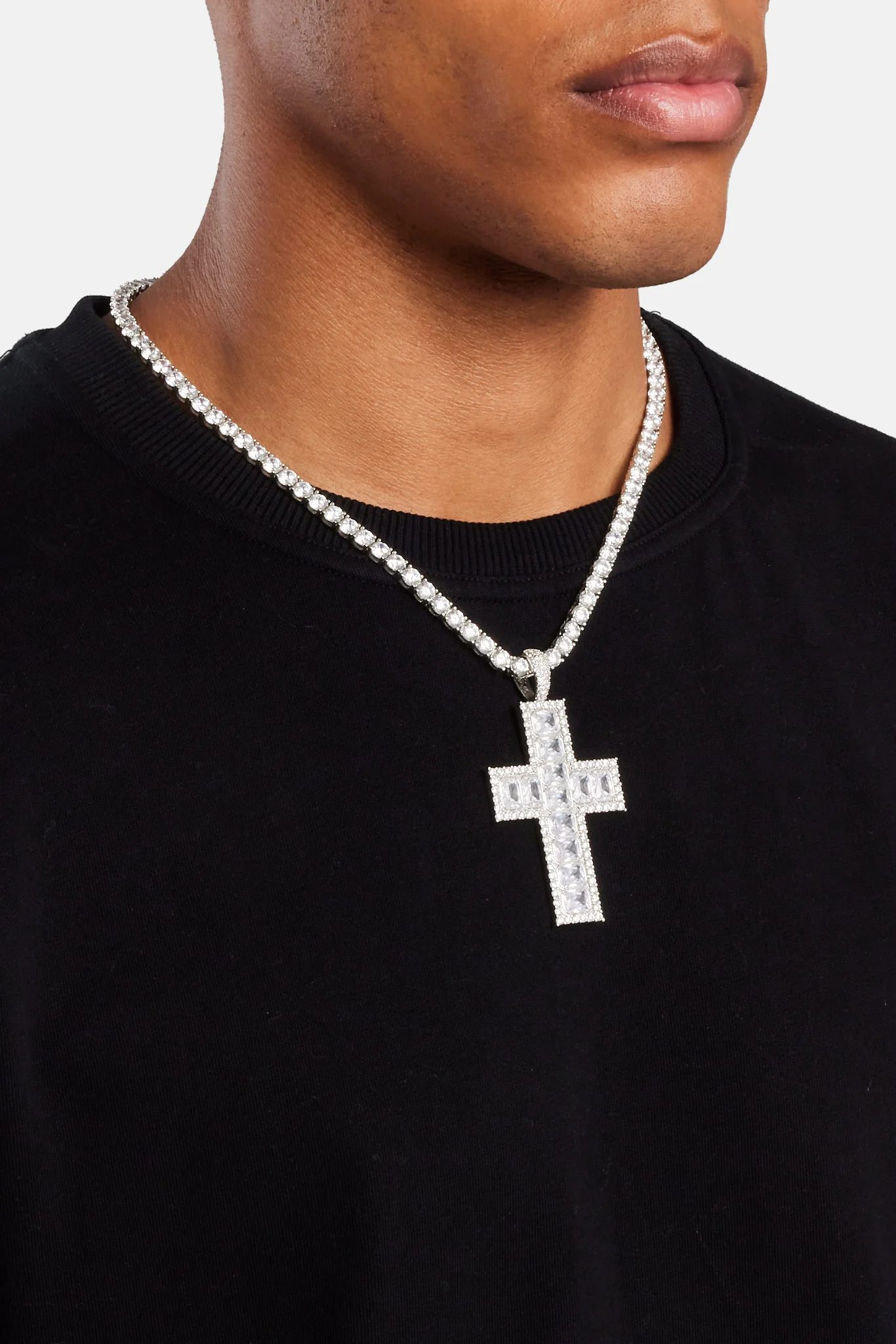 Square Baguette Cross Pendant - White - Image 3
