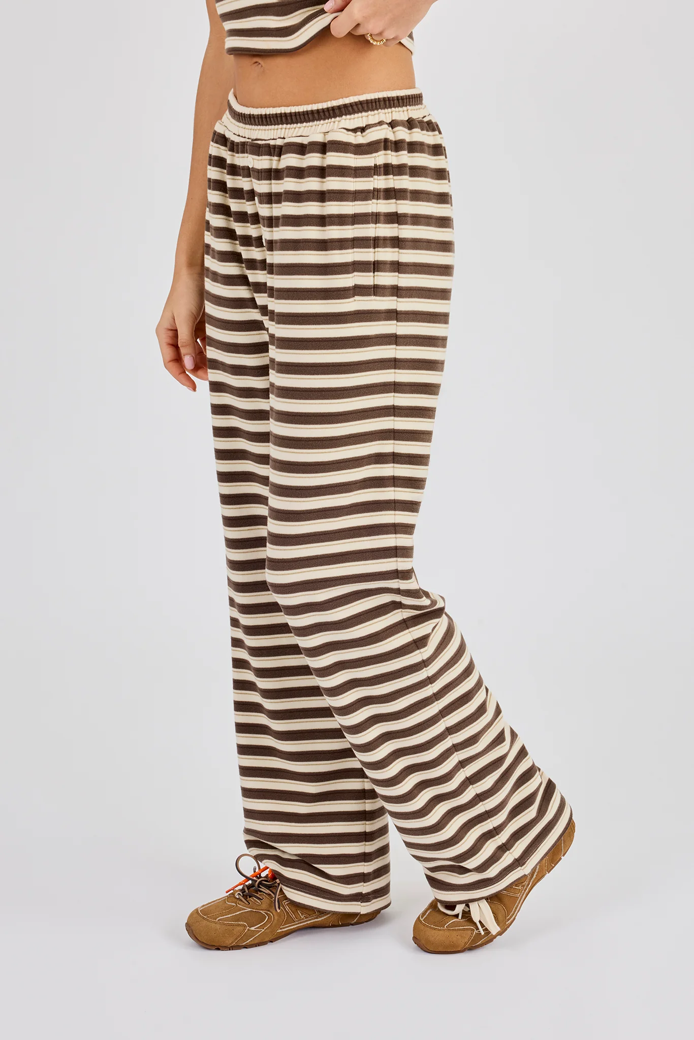 Stripe Soft Touch Button Detail Wide Leg Jogger - Beige - Image 4