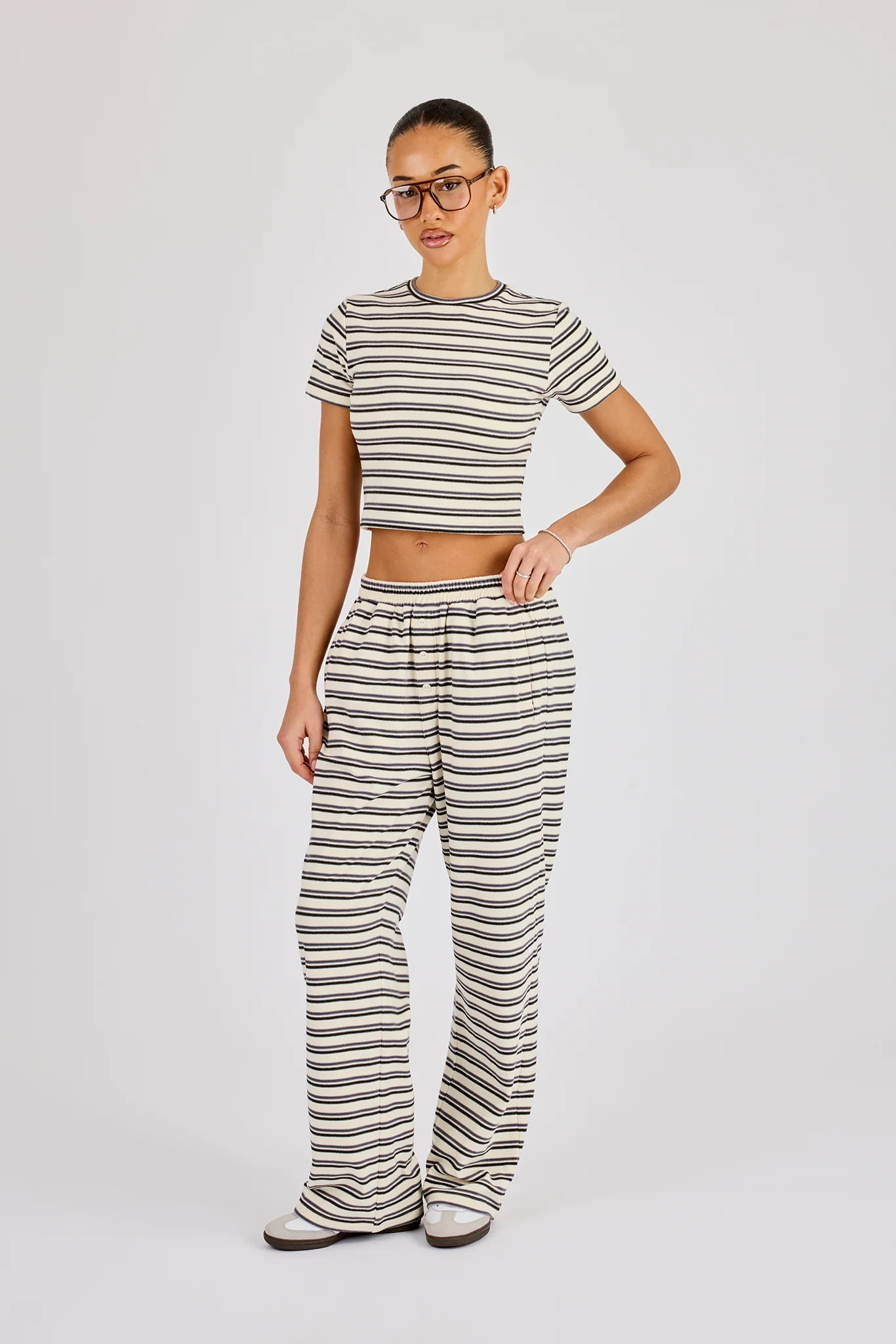 Stripe Soft Touch Button Detail Wide Leg Jogger -  Blue - Image 3