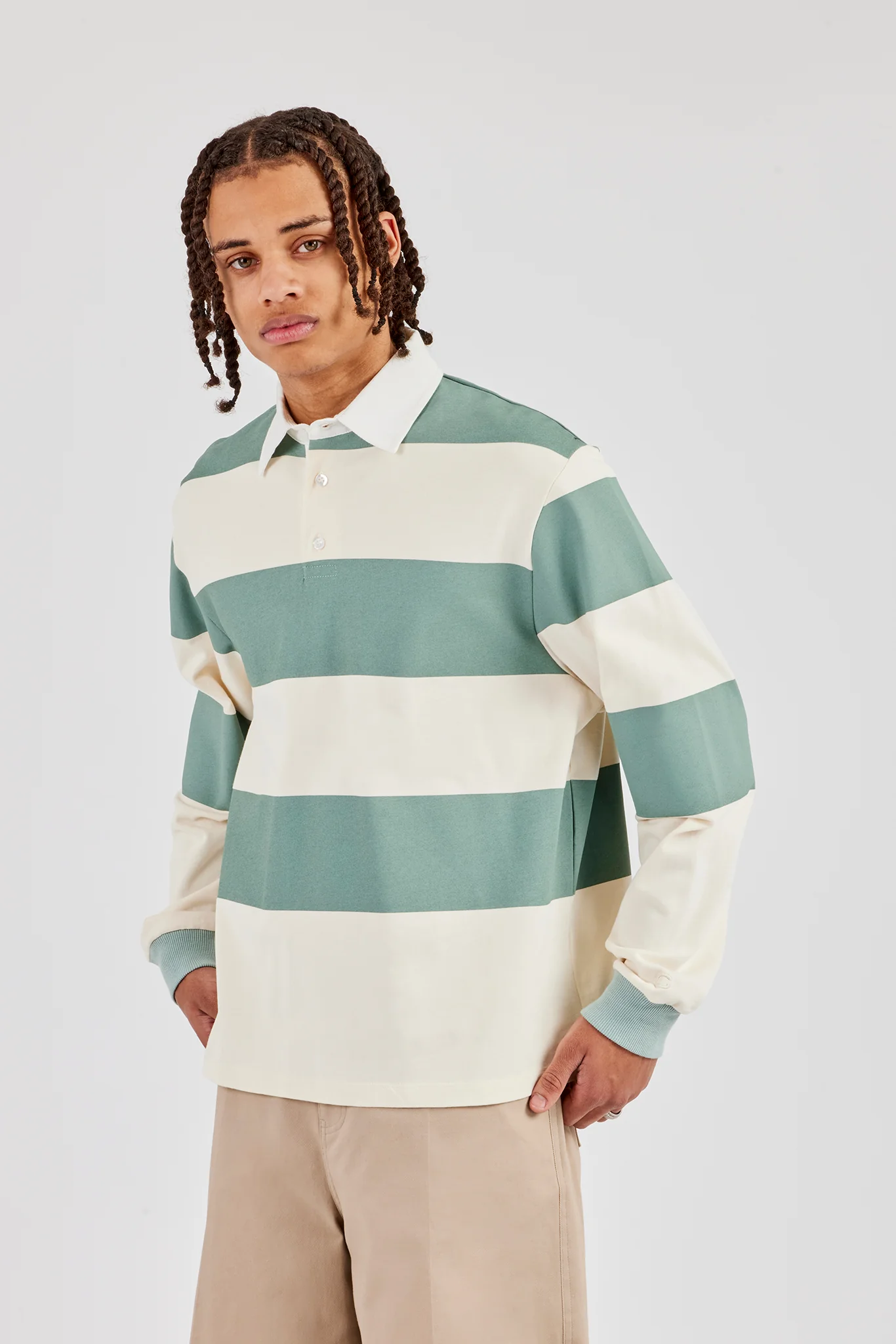 Striped Rugby Polo Top - Green - Image 5
