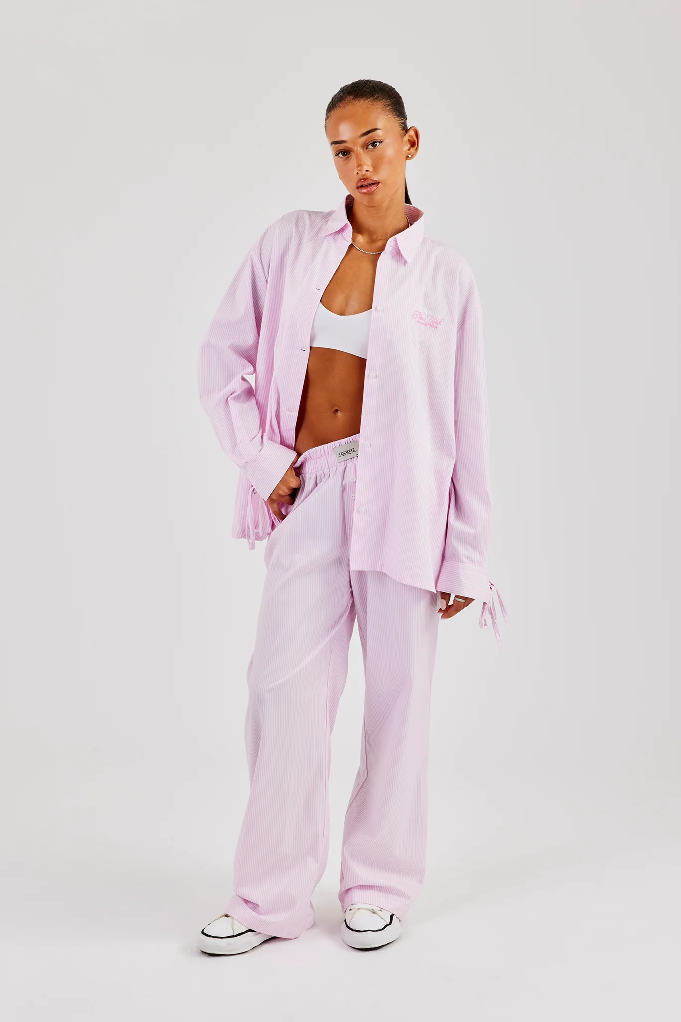 Striped Shirt & Button Detail Trouser - Pink - Image 2