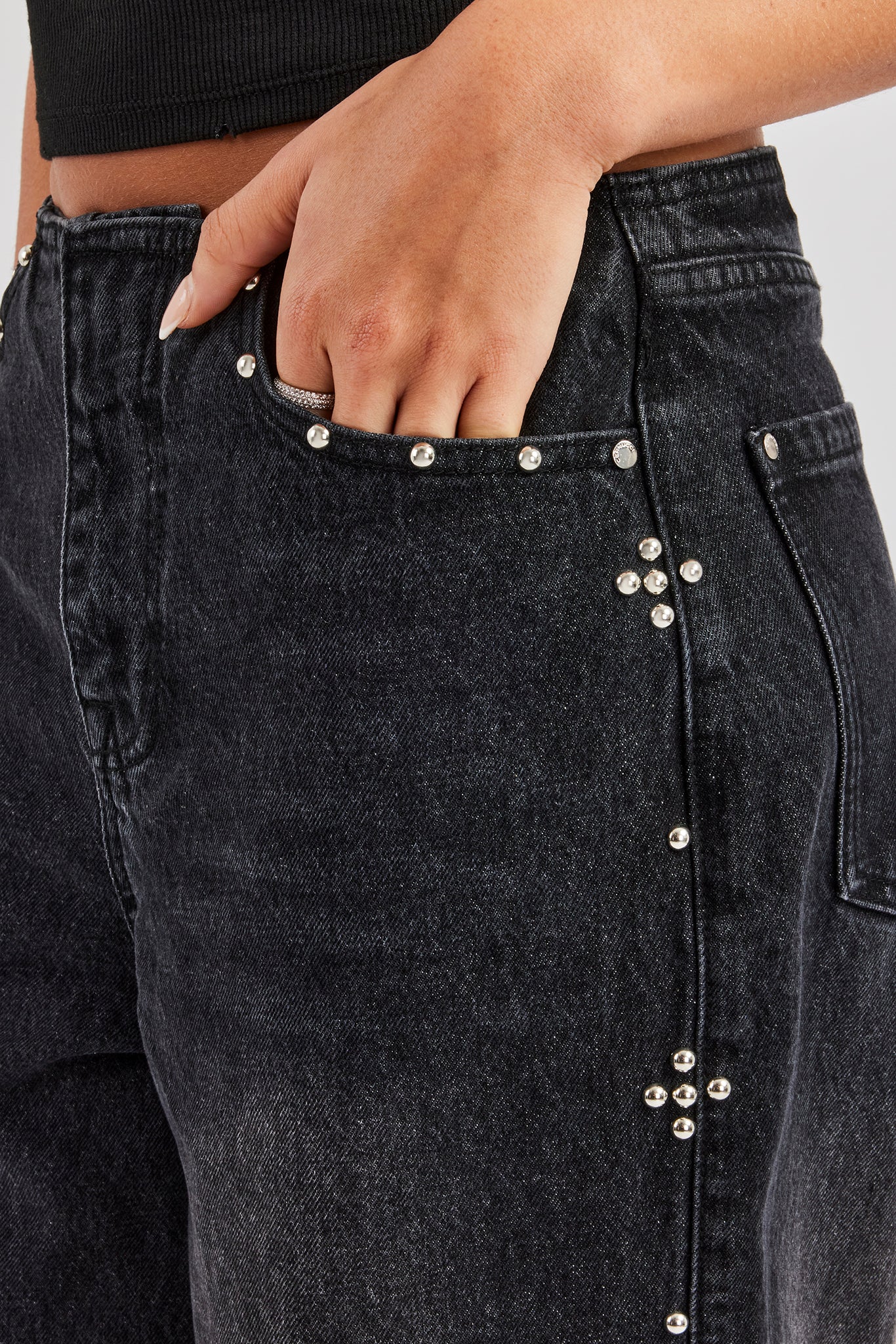 Stud Detail Baggy Jean - Washed Black - Image 2
