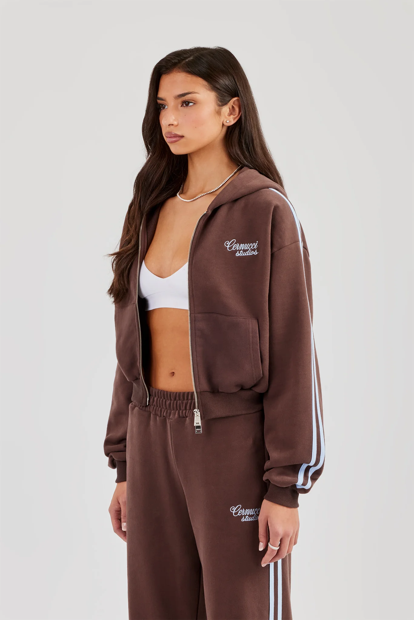 Studios Taping Boxy Zip Through Hoodie - Chocolate - Image 2