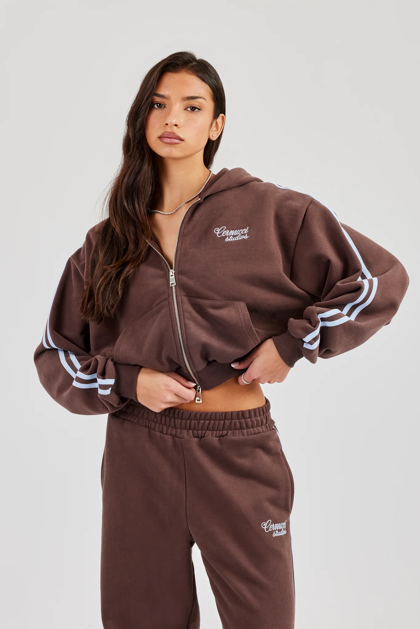 Studios Taping Boxy Zip Through Hoodie - Chocolate - Image 4