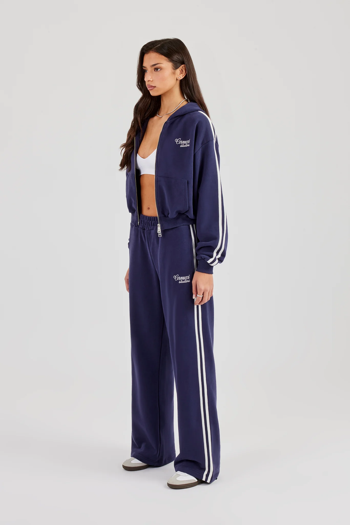 Studios Taping Boxy Zip Through Hoodie & Wide Leg Jogger - Navy Blue - Image 3